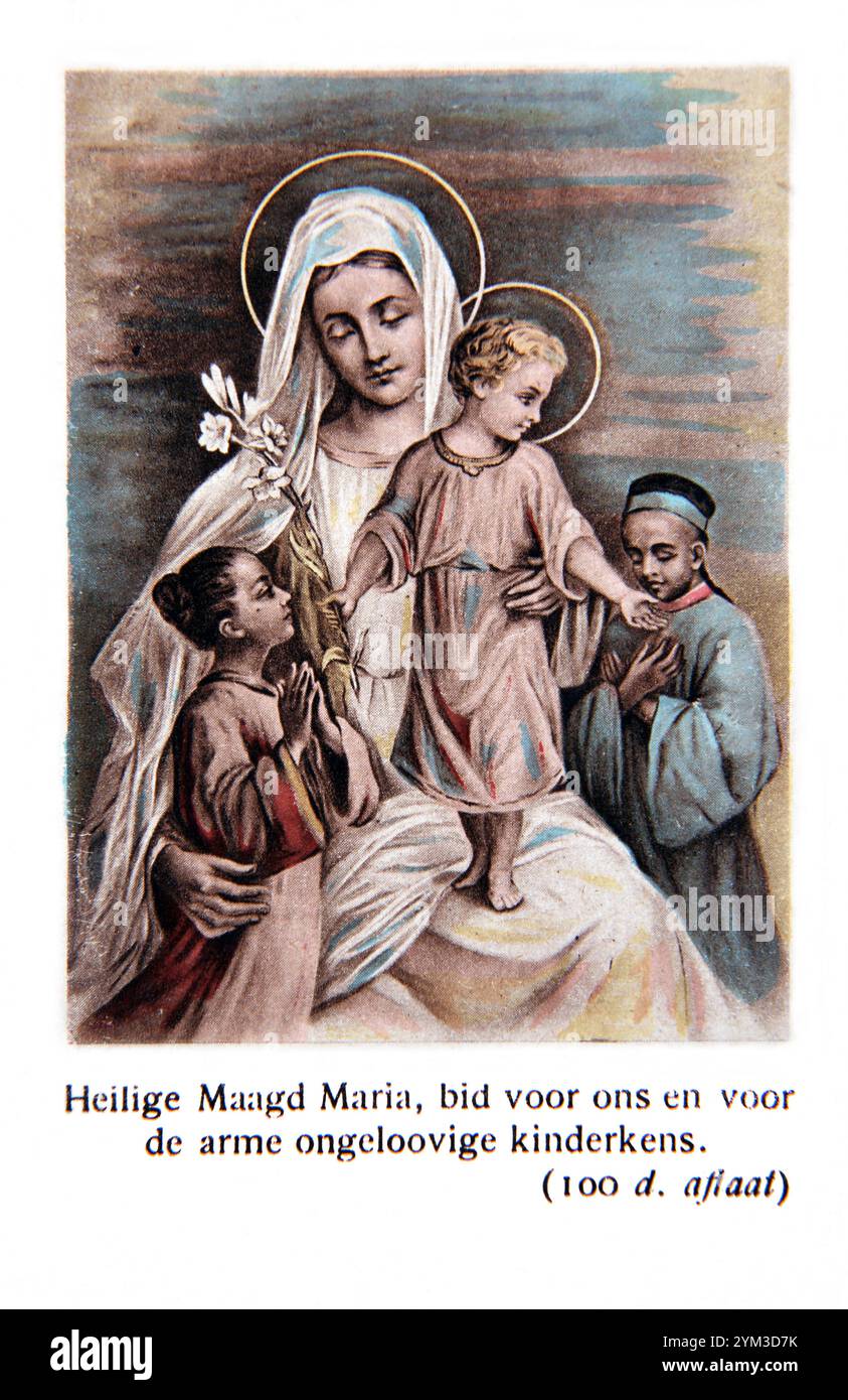 Carte de prière néerlandaise vintage 'Bienheureuse Vierge Marie prie pour nous et les pauvres enfants incroyables' carte de prière représentant la Vierge Marie et l'enfant Jesu Banque D'Images