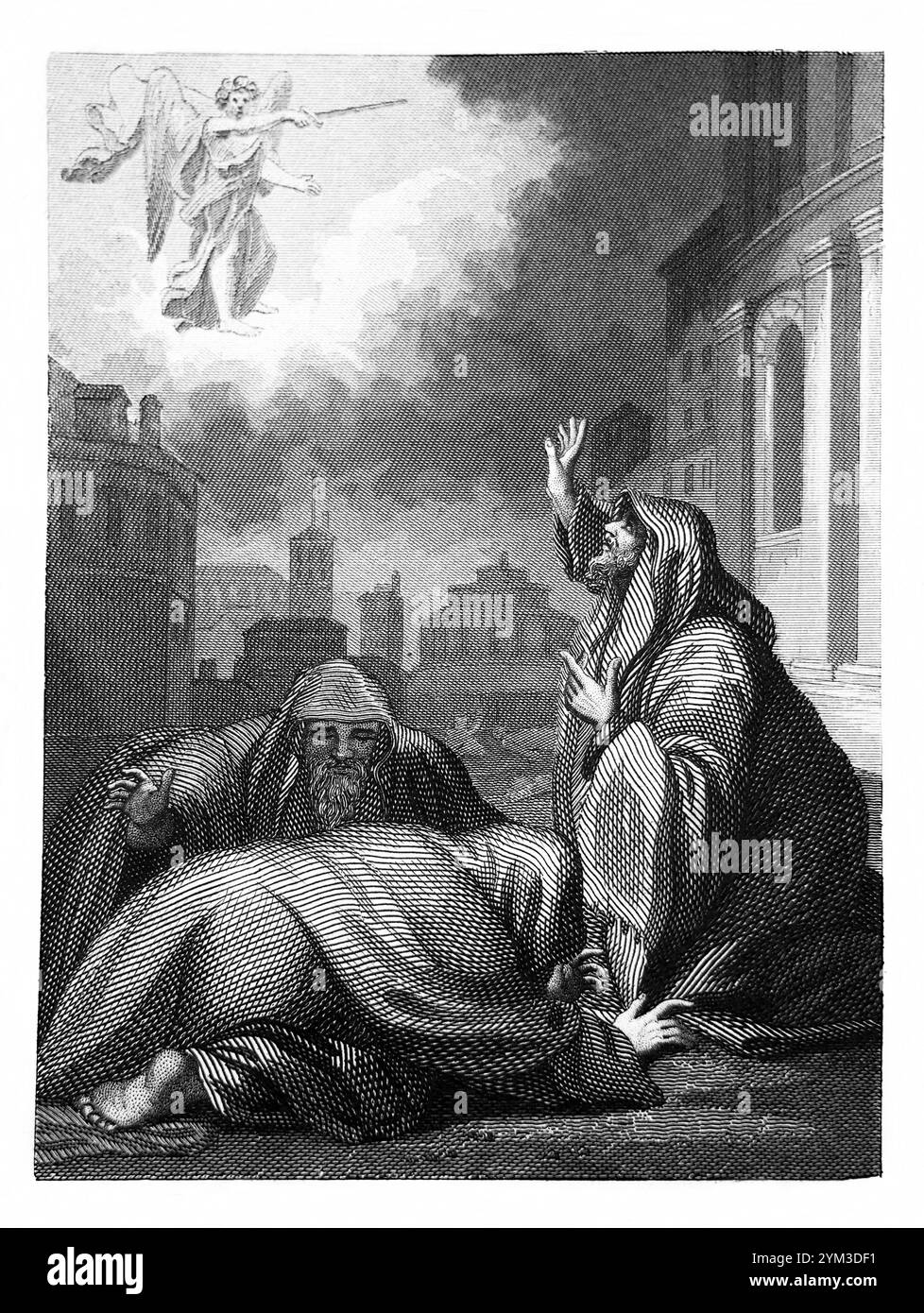 Gravure sur acier de la transgression et de la pénitence de David (1 chroniques 21 v16) David voit une vision de l'Ange du Seigneur debout entre le ciel et Banque D'Images Gravure sur acier de la transgression et de la pénitence de David (1 chroniques 21 v16) David voit une vision de l'Ange du Seigneur debout entre le ciel et Banque D'Images