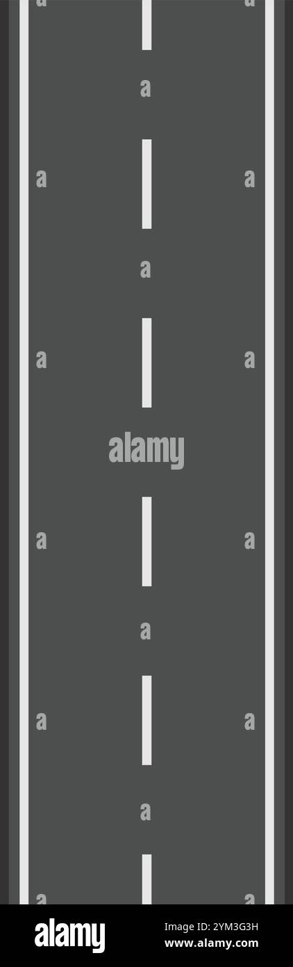 Vue verticale d'une route asphaltée droite disparaissant au loin, avec des marques de voie blanches et une surface gris foncé, suggérant un voyage Illustration de Vecteur