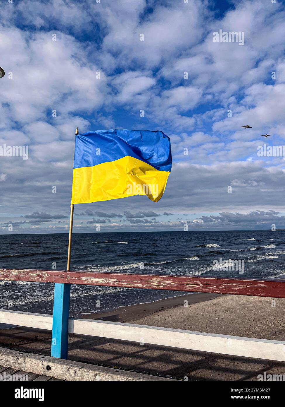 Drapeau ukrainien sur la plage de Lituanie. - Image de stock capturée avec un smartphone