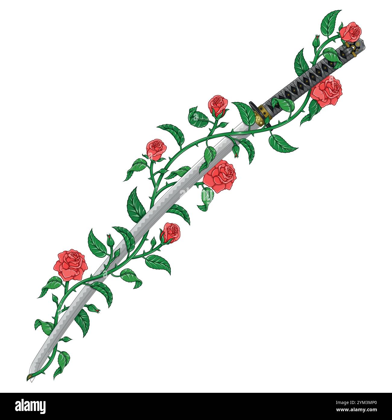 Épée samouraï entourée d'une plante, ancienne katana japonaise féodale avec des roses, arme utilisée par les guerriers samouraïs avec des roses Illustration de Vecteur