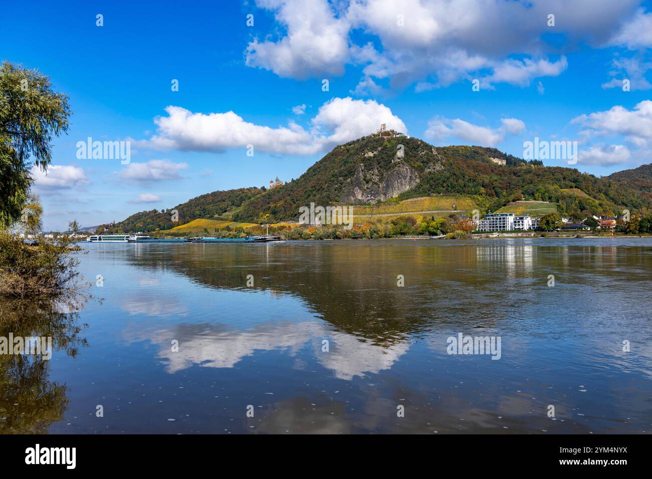 Drachenfels, une montagne dans le Siebengebirge sur le Rhin entre Bad Honnef et Königswinter, avec les ruines du château de Drachenfels et le château de Drachenburg, l Banque D'Images