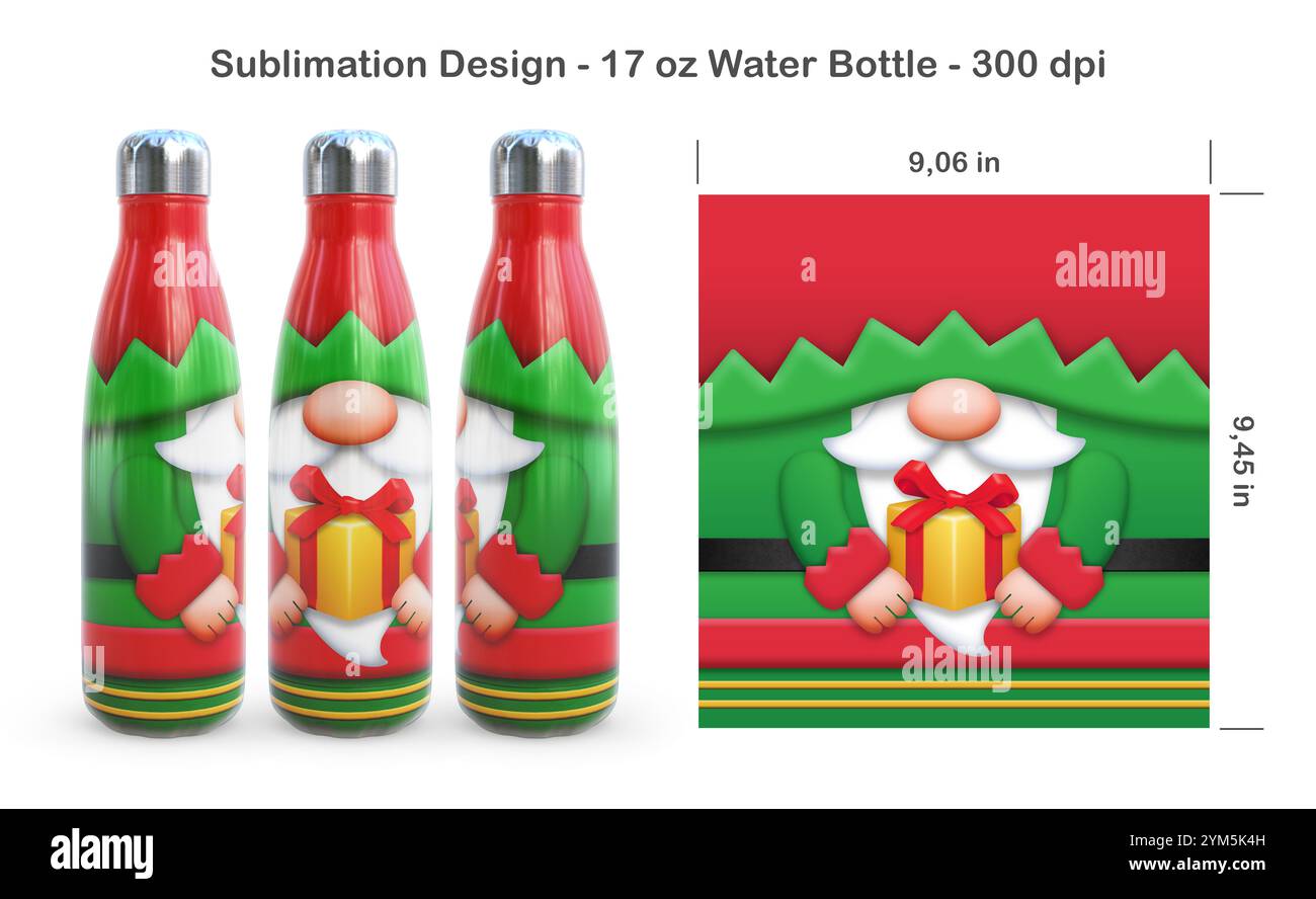 Lutin de Noël drôle. Modèle de sublimation sans couture pour bouteille d'eau de 17 oz. Illustration de sublimation. Sans couture d'un bord à l'autre. Emballage de bouteille complet. Banque D'Images