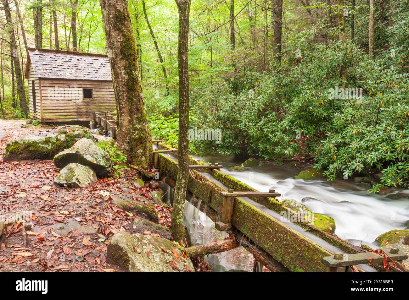 Maison historique et ancien moulin à bain de grist près du ruisseau dans la vallée de la Roaring Fork, les Great Smoky Mountains, Tennessee, États-Unis Banque D'Images