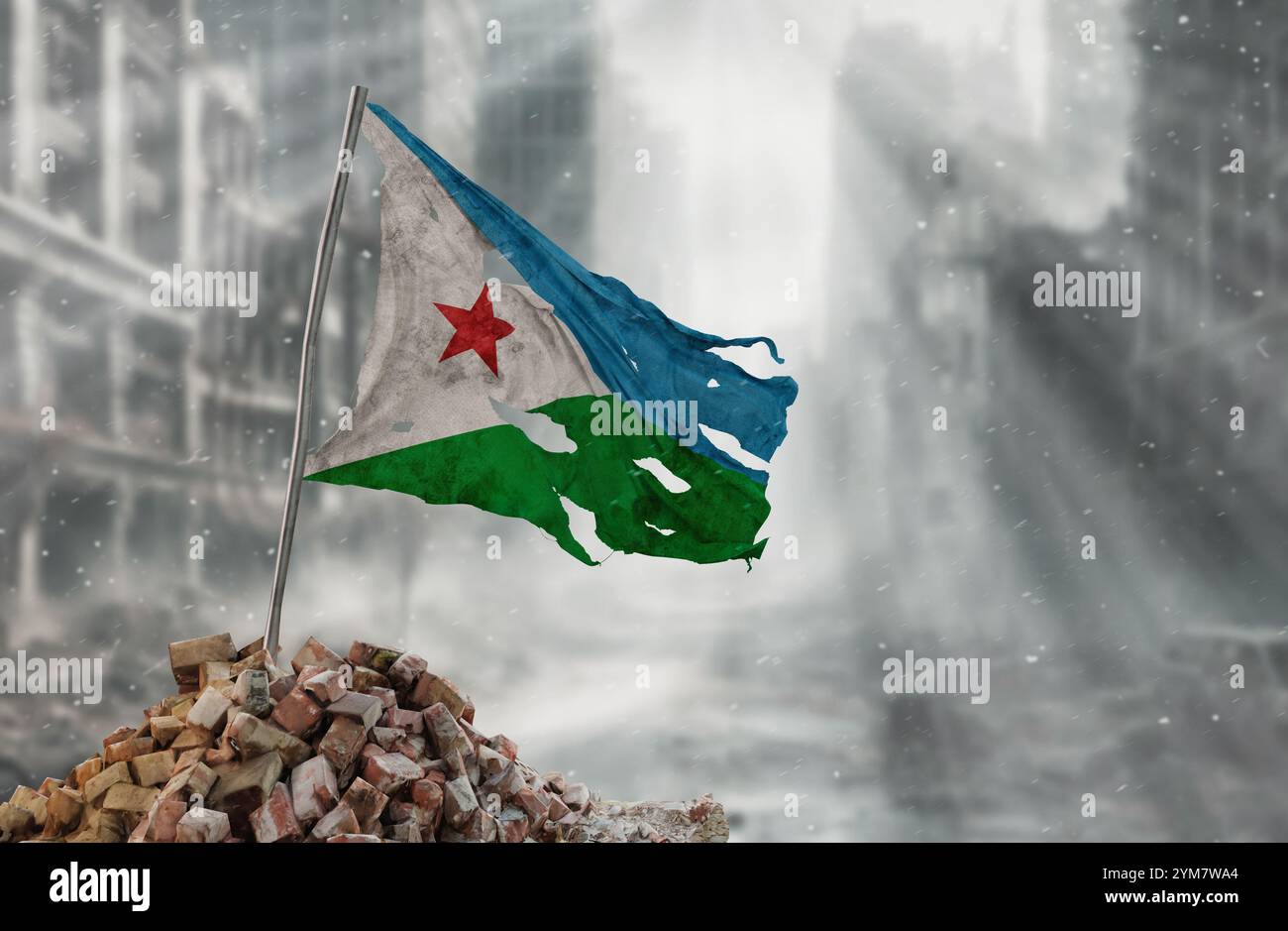 Drapeau djiboutien sale et déchiré, symbole de résistance et de victoire. Une scène de guerre et de dévastation, les ruines d'une ville détruite par les conflits. Rendu 3D. Banque D'Images
