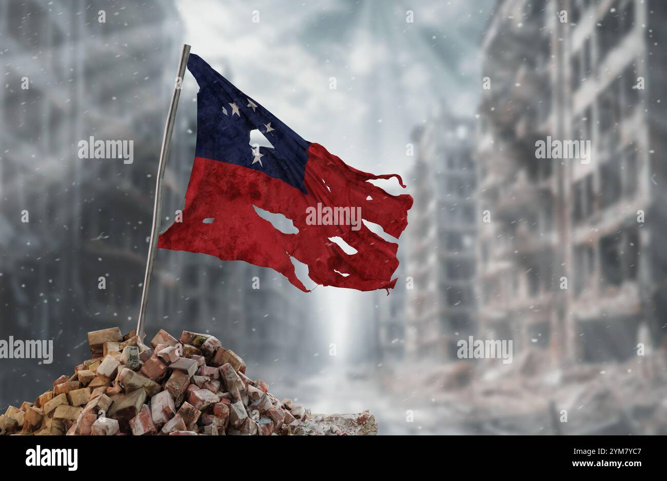 Drapeau sale et déchiré des Samoa occidentales, symbole de résistance et de victoire. Une scène de guerre et de dévastation, les ruines d'une ville détruite par les conflits. Re. 3D Banque D'Images