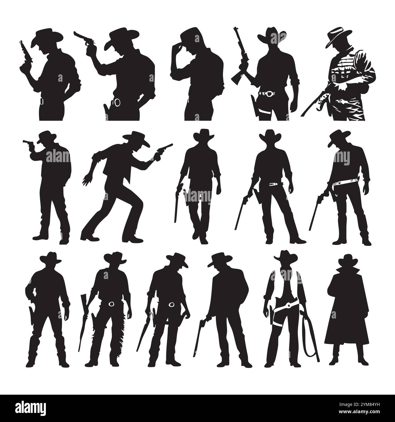 Ensemble de silhouette de cowboy sur fond blanc Illustration de Vecteur