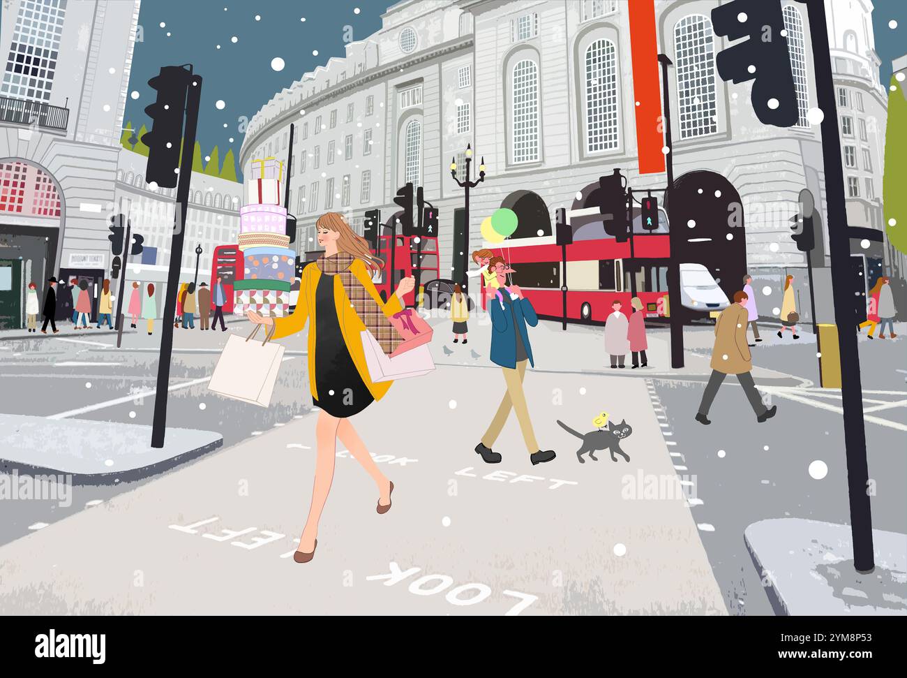 Femme faisant du shopping et courant dans les rues enneigées de Londres Banque D'Images