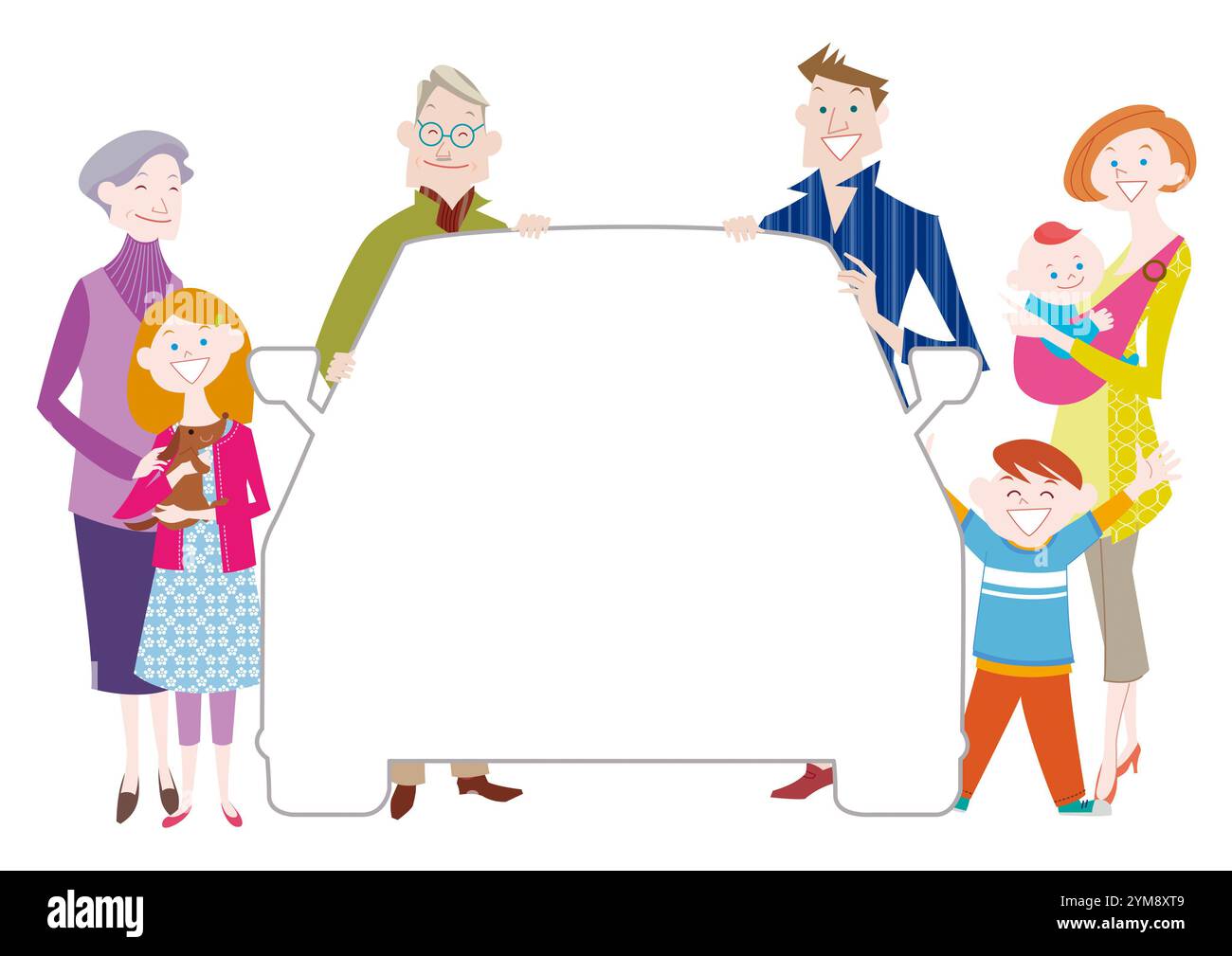 Famille de trois générations avec un châssis en forme d'automobile (face avant) Banque D'Images