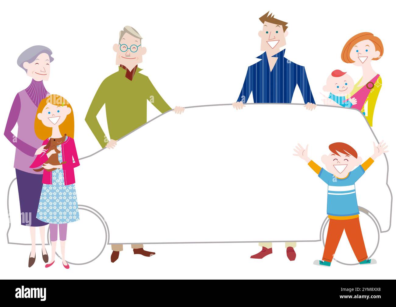 Famille de trois générations avec un châssis en forme d'automobile (vue latérale) Banque D'Images