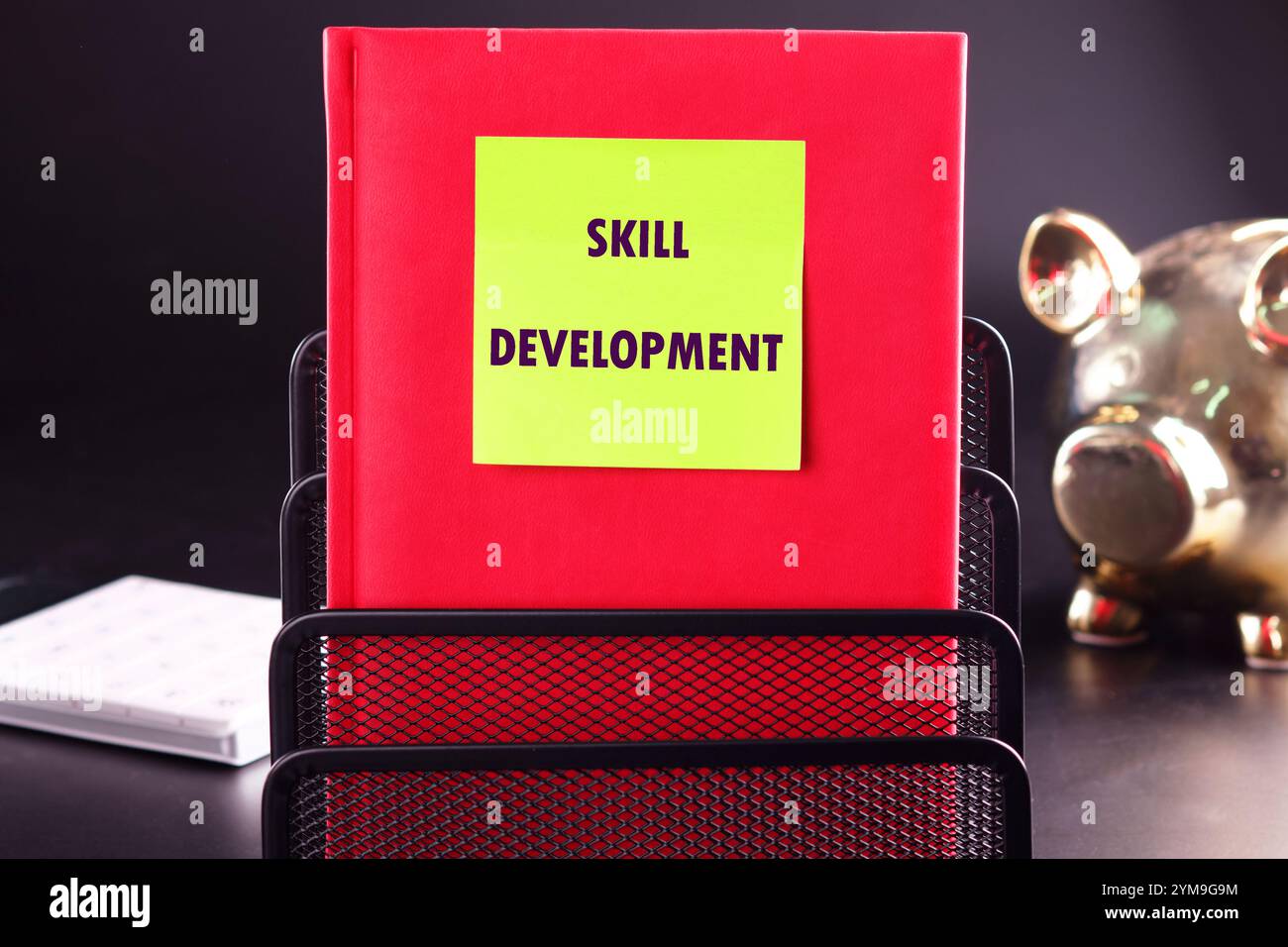 Concept commercial. La phrase, le texte, le mot DÉVELOPPEMENT DES COMPÉTENCES est écrit sur un autocollant sur un carnet d'affaires rouge sur un fond noir. Banque D'Images