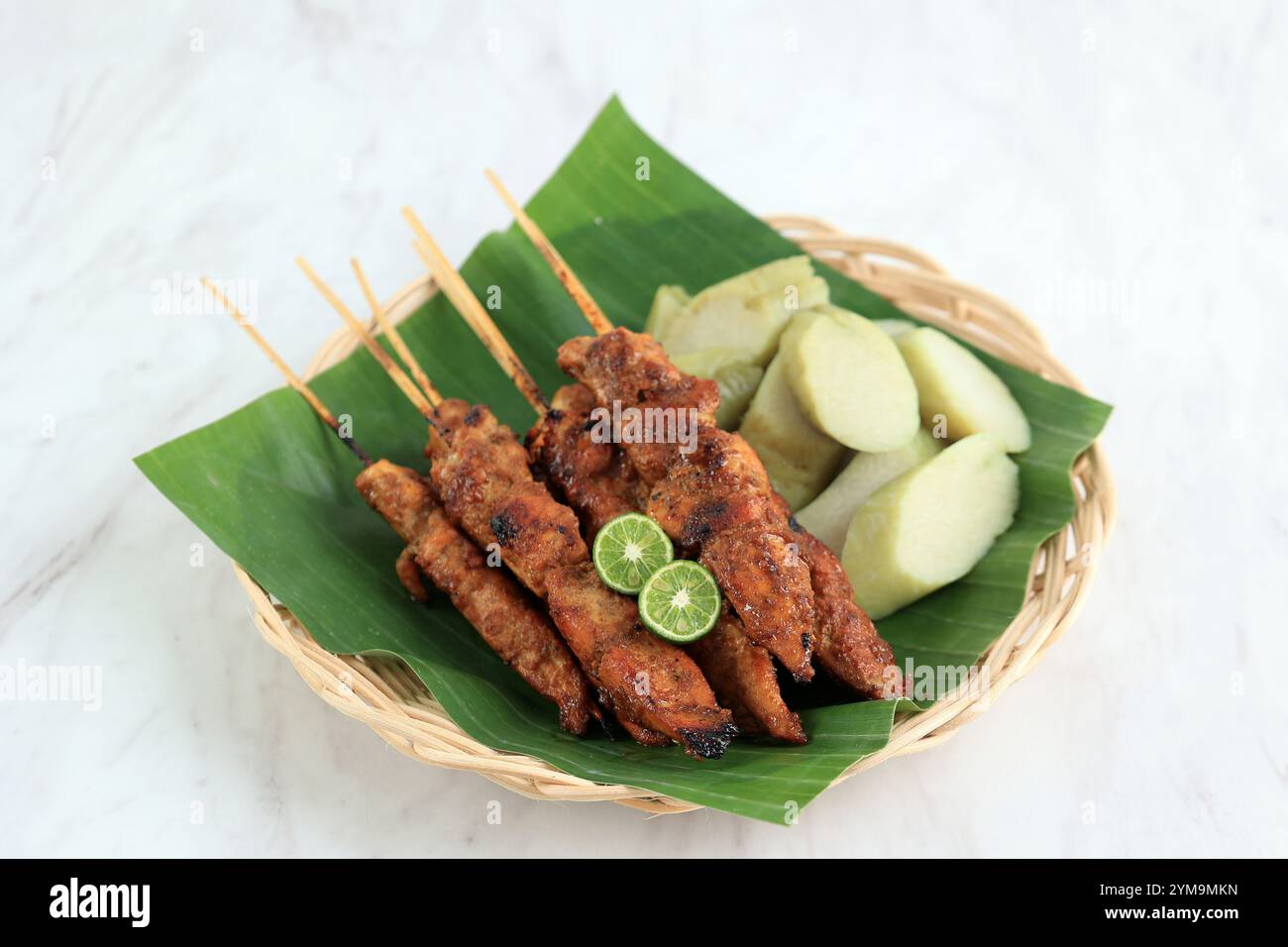 Sate Ayam ou Chicken Satay, poulet grillé et broché assaisonné indonésien, servi avec Lontong Banque D'Images