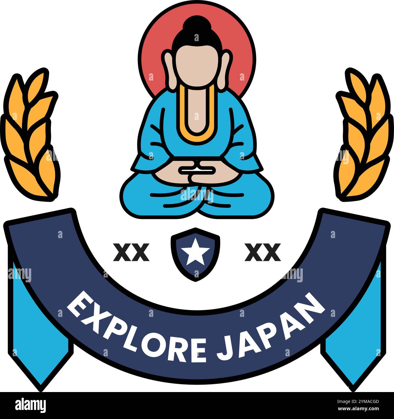 Un logo bleu et blanc avec une statue de Bouddha assise aux jambes croisées et une étoile au milieu Illustration de Vecteur