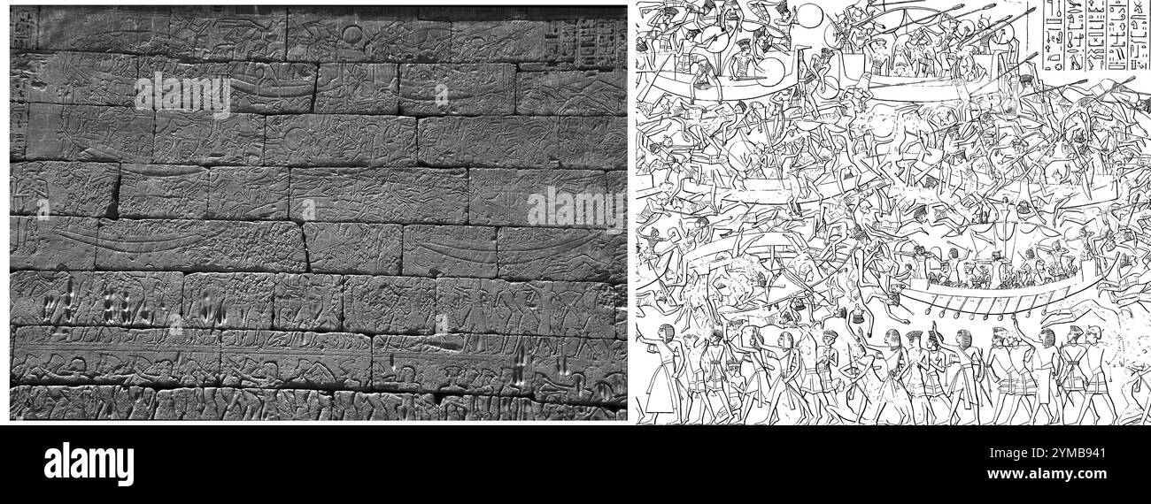 3453. LA BATAILLE NAVALE DE RAMSÈS III AVEC LE PEUPLE DE LA MER. LES NAVIRES ÉGYPTIENS SONT REPRÉSENTÉS SUR LA GAUCHE AVEC DES PROUES À TÊTE DE LION. LE 'PEUPLE DE LA MER' (PHILIST Banque D'Images