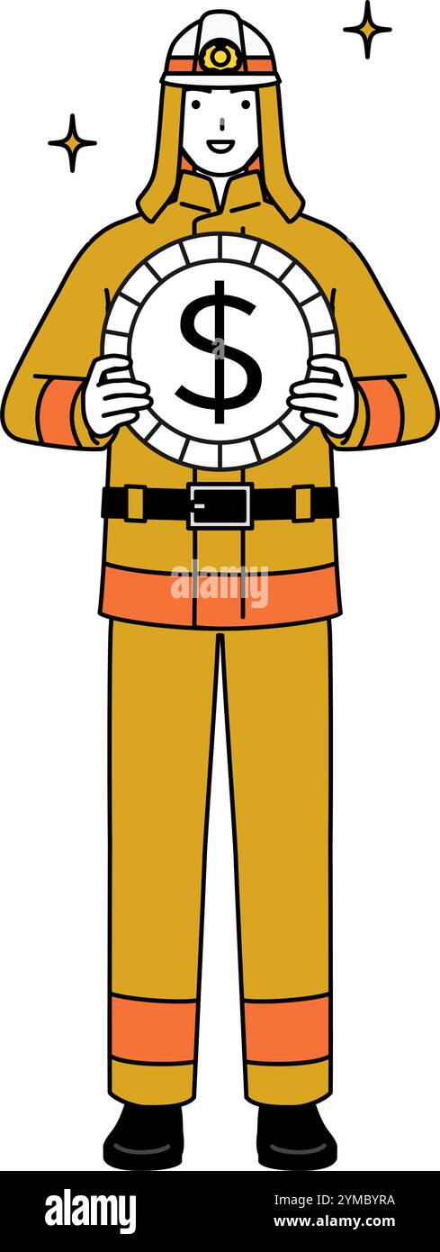 Pompier en uniforme de feu avec des images de gains de change et d'appréciation du dollar, illustration vectorielle Illustration de Vecteur