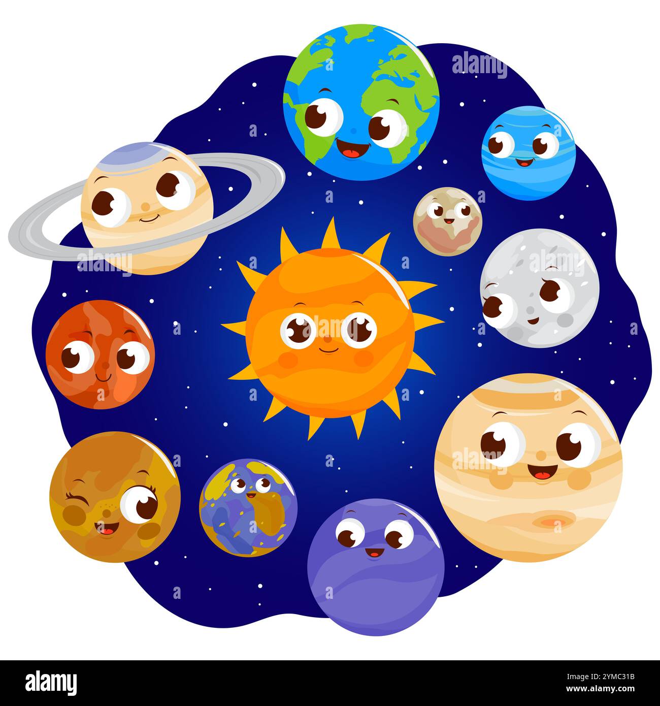 Jolies planètes du système solaire dans le ciel. Le Soleil, Mercure, Vénus, la Terre, Saturne et Pluton dans l'espace. Banque D'Images