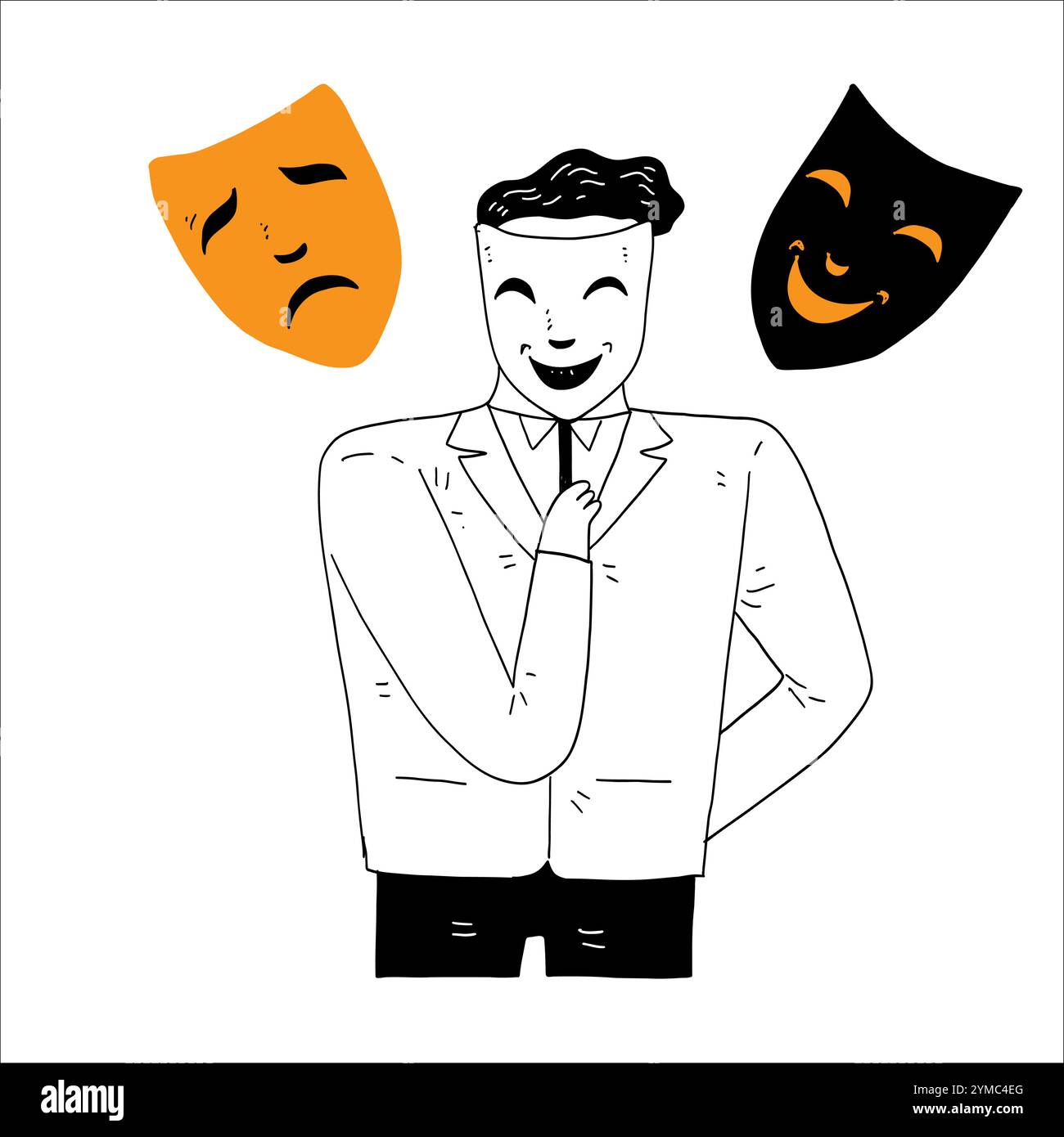 Concept de personnalité, un homme utilisant un masque. masque de sourire et de pleurs Illustration de Vecteur