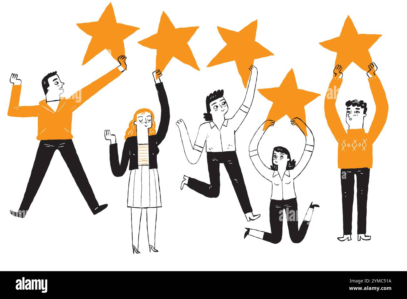 Évaluation cinq étoiles commentaires positifs et niveau d'évaluation élevé. Heureux satisfait personnes détenant cinq étoiles d'or donnant des commentaires positifs et une bonne critique, Illustration de Vecteur