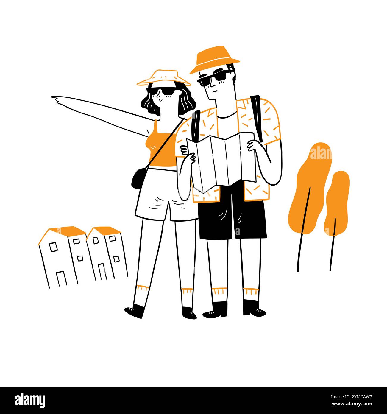 Heureux couple touristique souriant profitant de leur escapade de vacances d'été ensemble, illustration vectorielle dessinée à la main. Illustration de Vecteur