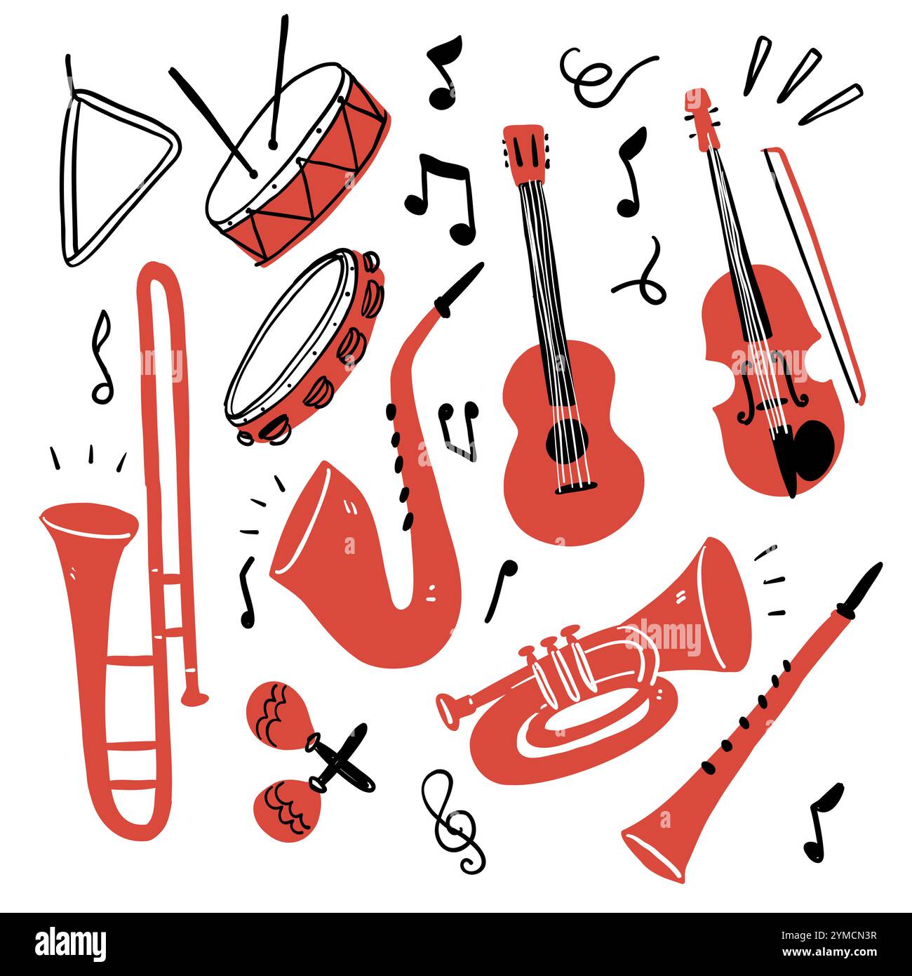 Ensemble d'instruments de musique. Peut être utilisé pour orchestre, concert acoustique, musique, concept d'école. Dessin à la main illustration vectorielle style doodle. Illustration de Vecteur