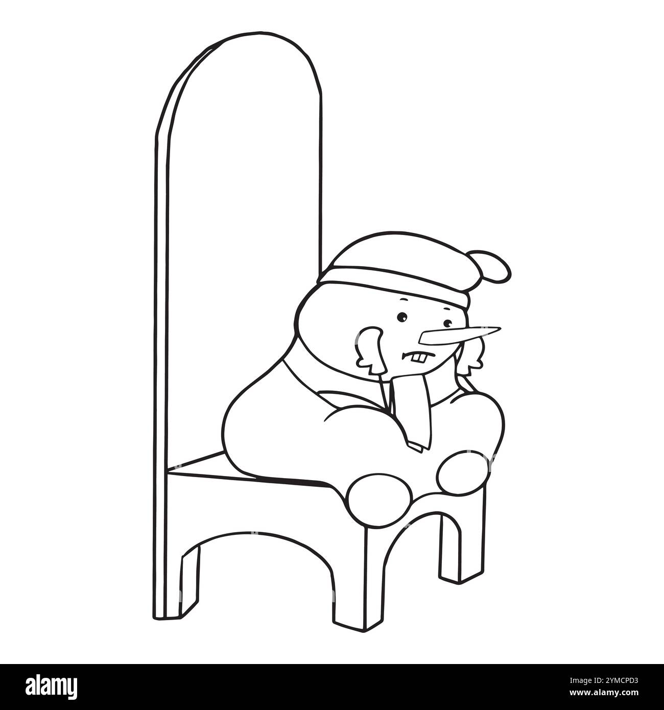 Mignon bonhomme de neige dans un chapeau, une écharpe et des mitaines est assis sur une grande chaise en attente de la nouvelle année. Carte du nouvel an. Livre de contes vectoriels pour les enfants. Clipart vectoriel. Illustration de Vecteur