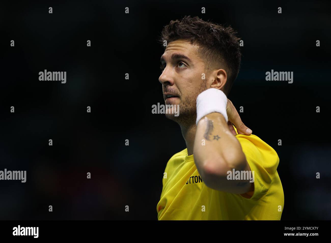 Malaga, Espagne. 21 novembre 2024. Thanasi Kokkinakis, de l'Australie, réagit lors du match contre Ben Shelton, des États-Unis, lors des quarts de finale de la Coupe Davis 2024 au Palacio de Deportes Jose Maria Martin Carpena Arena à Malaga. Crédit : Isabel Infantes/Alamy Live News Banque D'Images