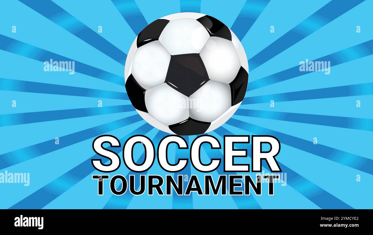 Tournoi de football avec fond bleu Sunburst et ballon de football réaliste en 3D. Illustration de Vecteur