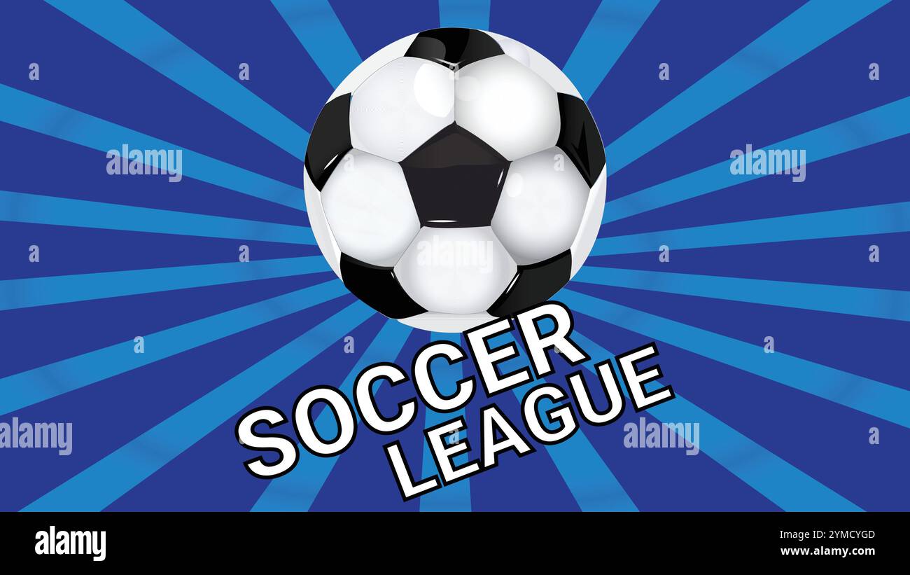 Ligue de football avec fond bleu Sunburst et balle de football réaliste dans la vue de forme 3D. Illustration de Vecteur