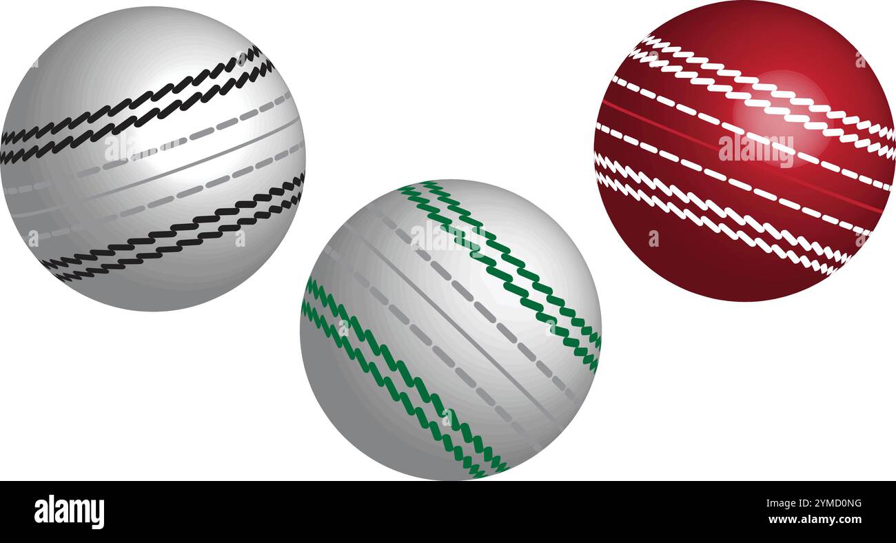 Jeu de trois balles de cricket blanc et rouge Illustration de Vecteur