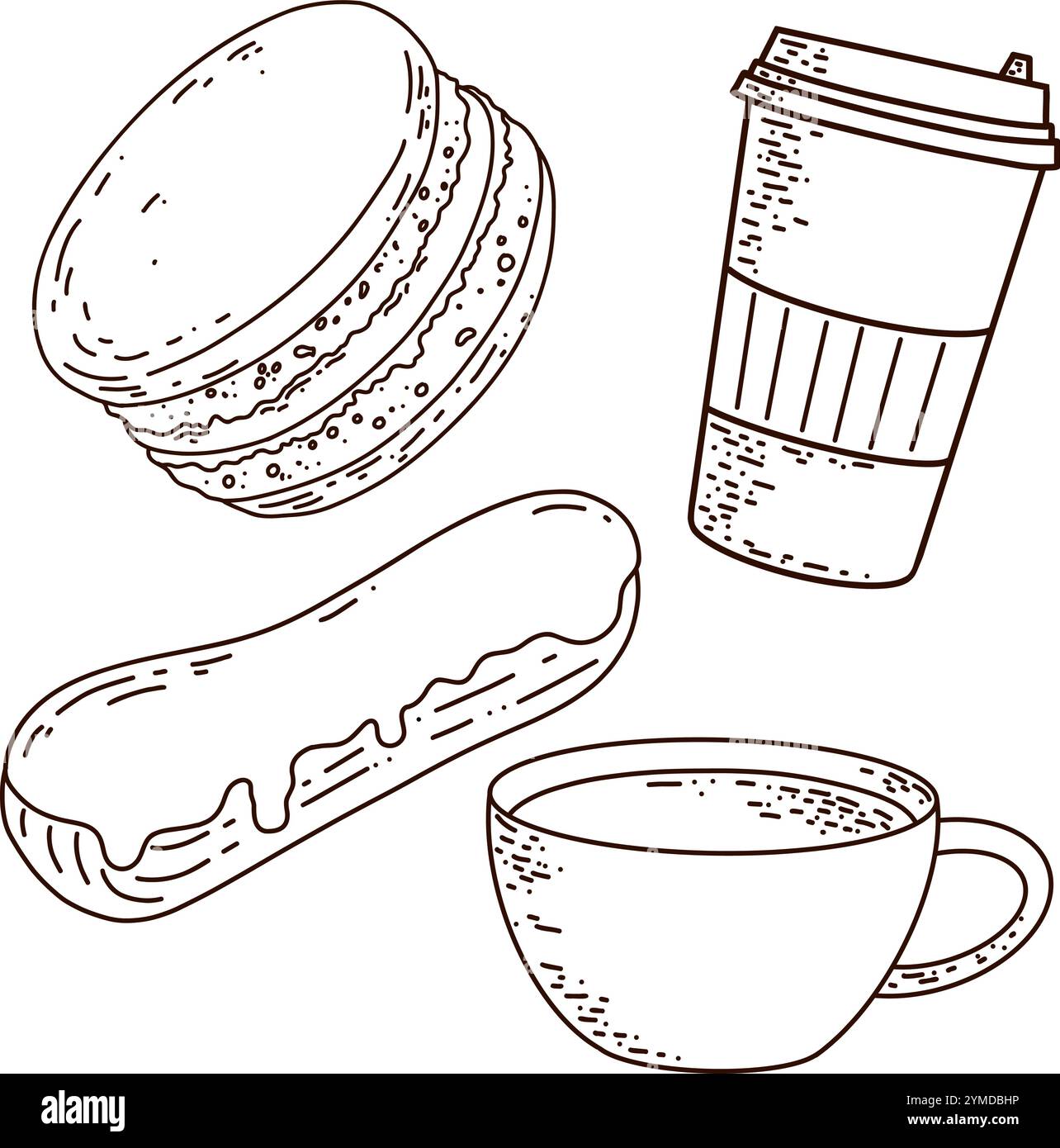 Macarons, tasse à café, éclair et tasse set illustration d'esquisse vectorielle noir et blanc Illustration de Vecteur