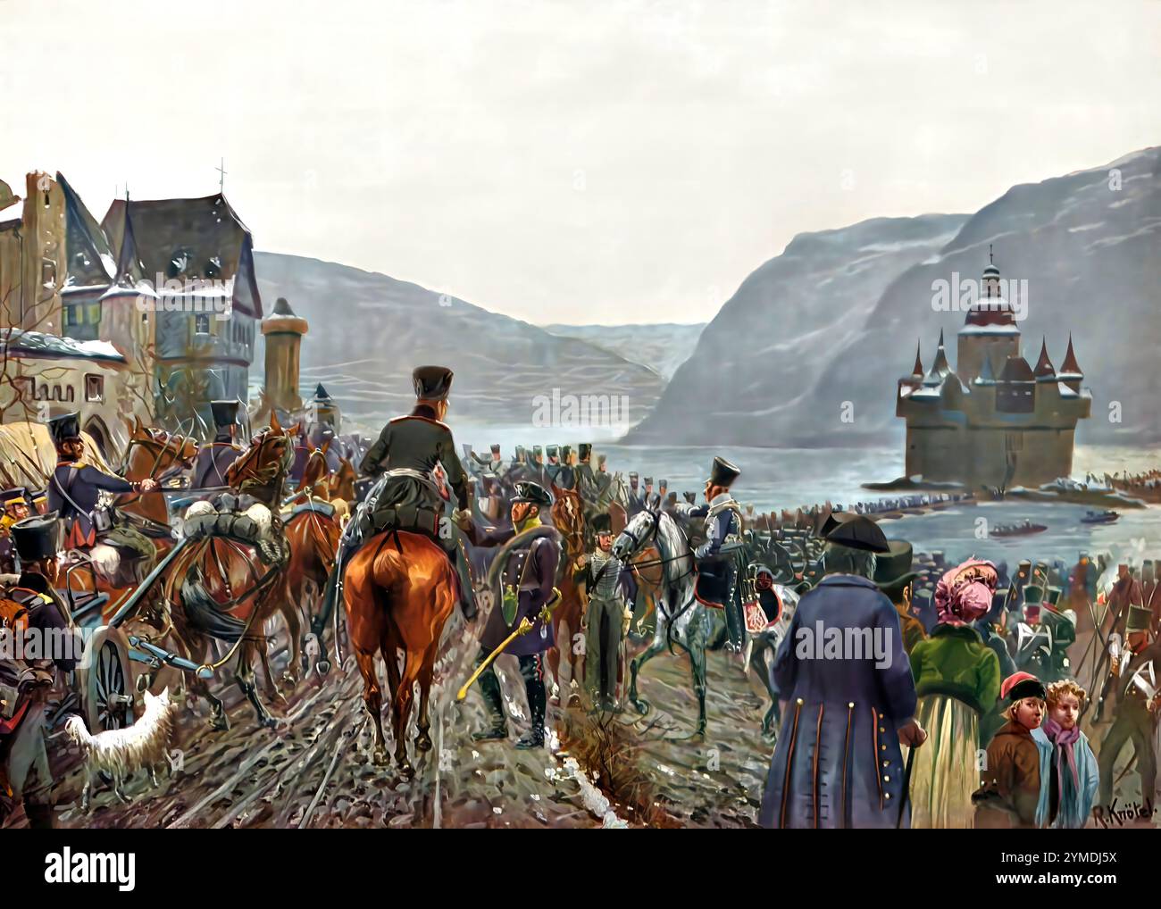 La 1ère Armée de Silésie traverse le Rhin par le général Blucher près de Kaub, le 1 er janvier 1814, les guerres de libération allemande Banque D'Images