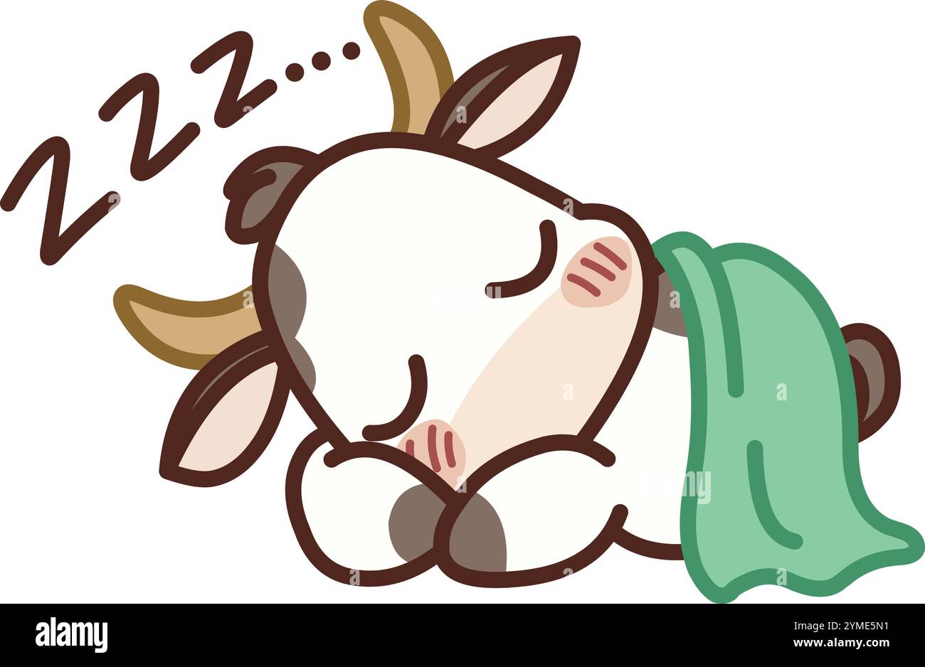 Vache de style Kawaii dormant sous une couverture verte, avec des symboles 'zzz' flottant au-dessus de sa tête Illustration de Vecteur