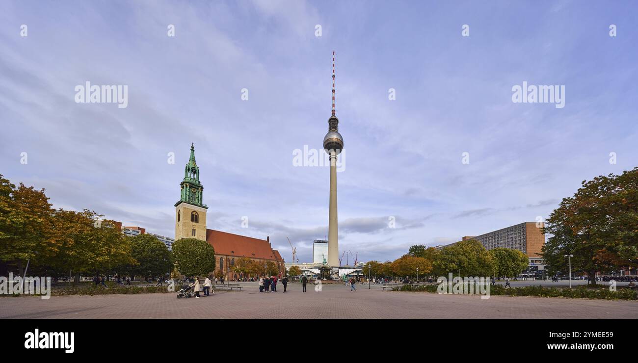 Eglise Marie et Tour de télévision de Berlin, Rathausstrasse avec arbres de la ville, Berlin, capitale, ville indépendante, État fédéral Berlin, Allemagne, Banque D'Images