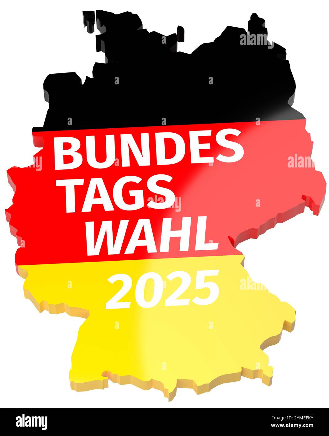 Elections en Allemagne. Le texte 'Bundestagswahl 2025' (élection fédérale de 2025) sur une carte allemande avec les couleurs du drapeau allemand. Sur backgr blanc pur Banque D'Images