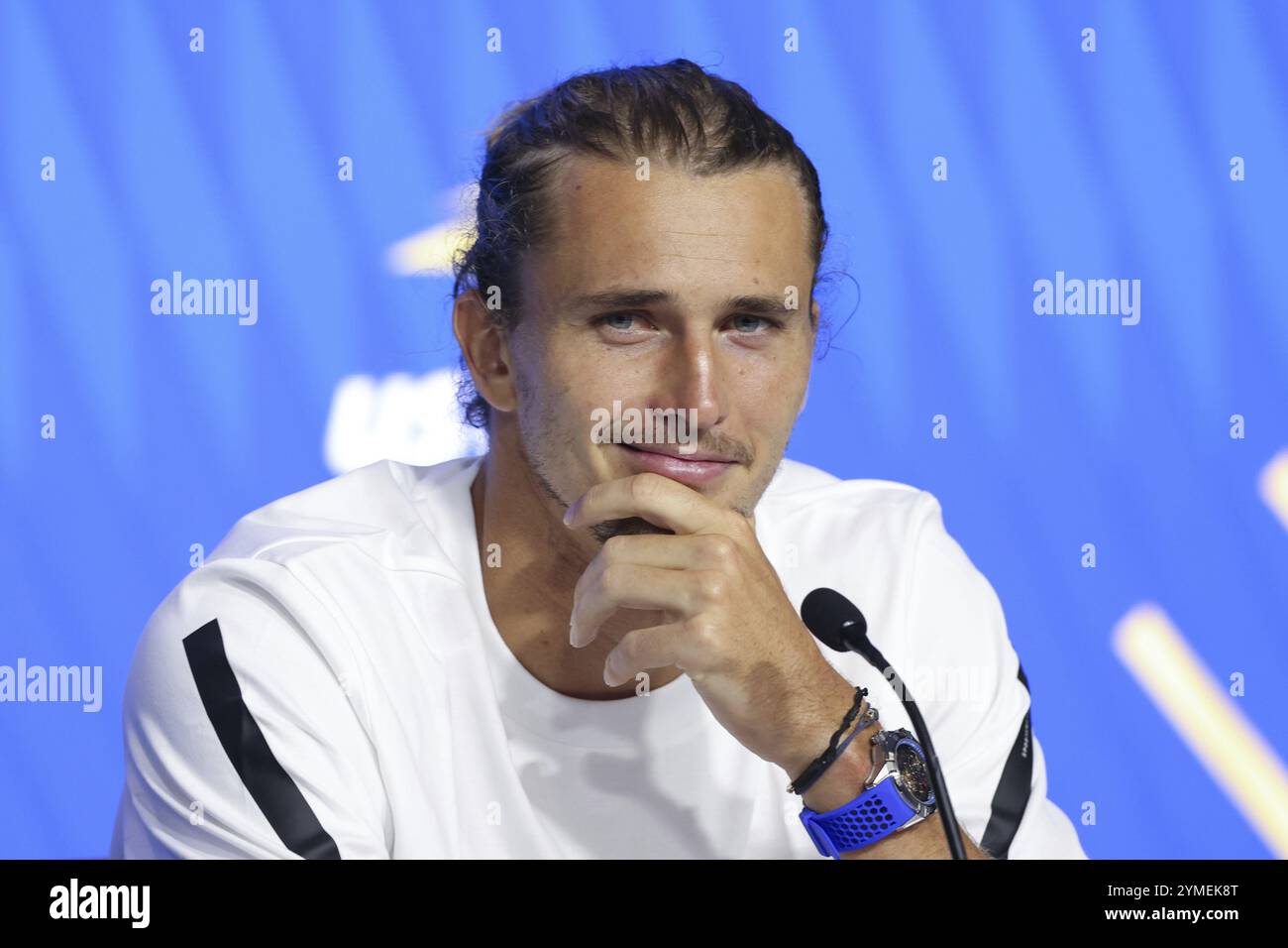 Joueur de tennis allemand Alexander Zverev lors d'une conférence de presse aux US Open 2024 Championships, Billie Jean King Tennis Center, Queens, New Yor Banque D'Images