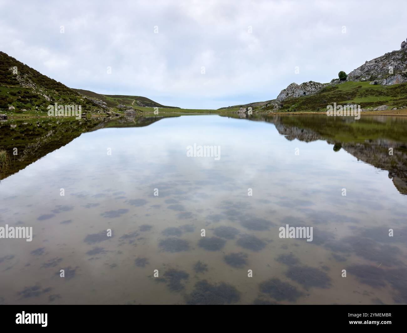 Les eaux calmes du lac Ercina sont un reflet parfait dans le magnifique parc national des Picos de Europa, Asturies, Espagne - Image de stock capturée avec un smartphone