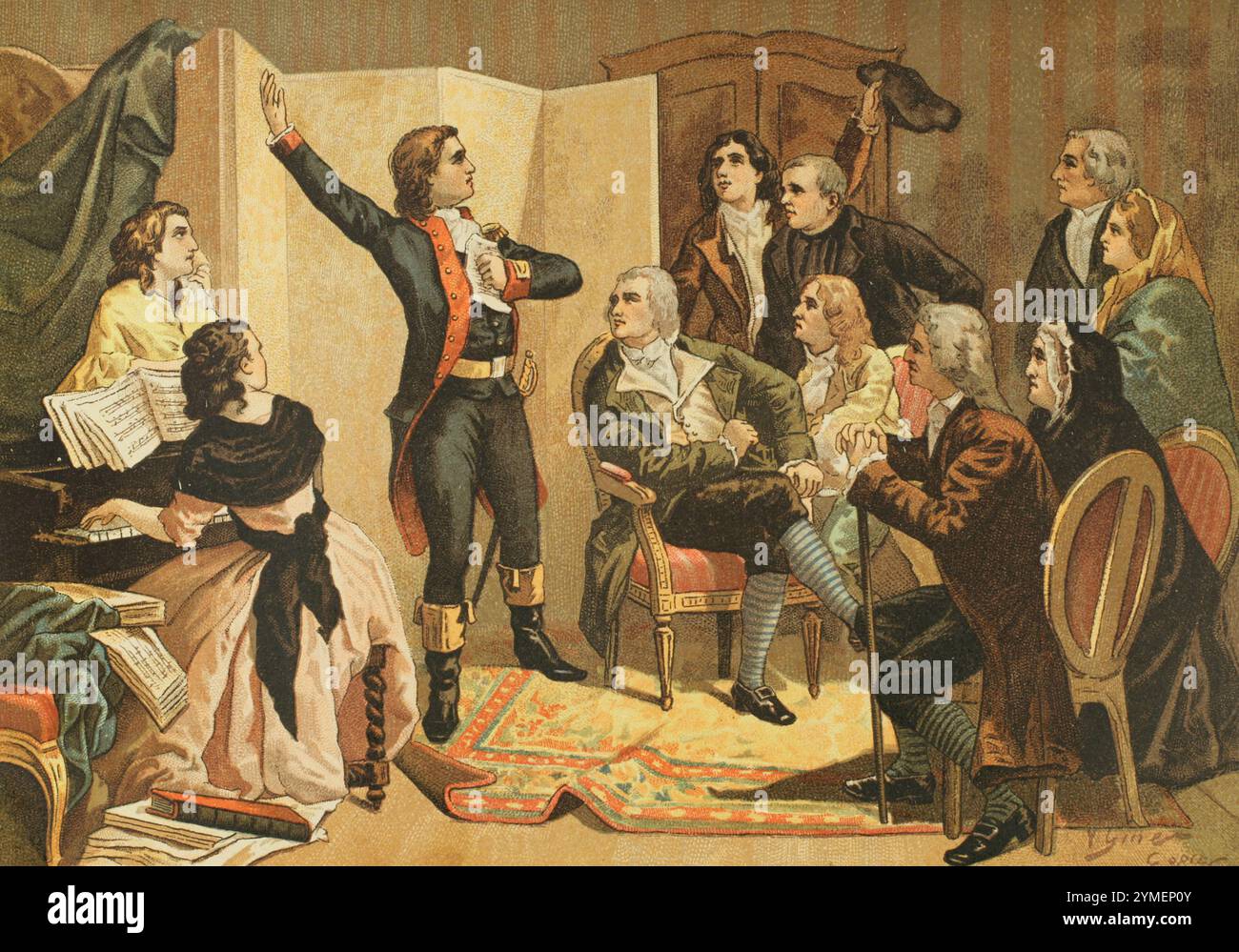 Rouget de Lisle (Claude Joseph Rouget de Lisle) (1760-1836). Officier français dans l'armée du Rhin. Célèbre pour avoir composé 'la Marseillaise'. La première représentation de la pièce a eu lieu le 26 avril 1792, dans le salon du baron Frédéric de Dietrich, maire de Strasbourg. Le chant de guerre pour l'armée du Rhin, hymne des volontaires marseillais, est connu sous le nom de la Marseillaise. Le 14 mars 1879, il devient l'hymne national de la France. Rouget de Lisle chantant la Marseillaise pour la première fois, chez Dietrich. Chromolithographie par Vicente Giné. Banque D'Images