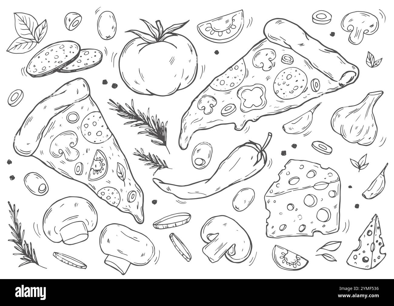 Ensemble mignon de pizza, cuisine italienne, tranche de pizza, boîte à pizza, cuisinier satisfait. Amateur de pizza. Griffonner. Dessiné à la main. Idéal pour la conception de menu, bannières, Illustration de Vecteur