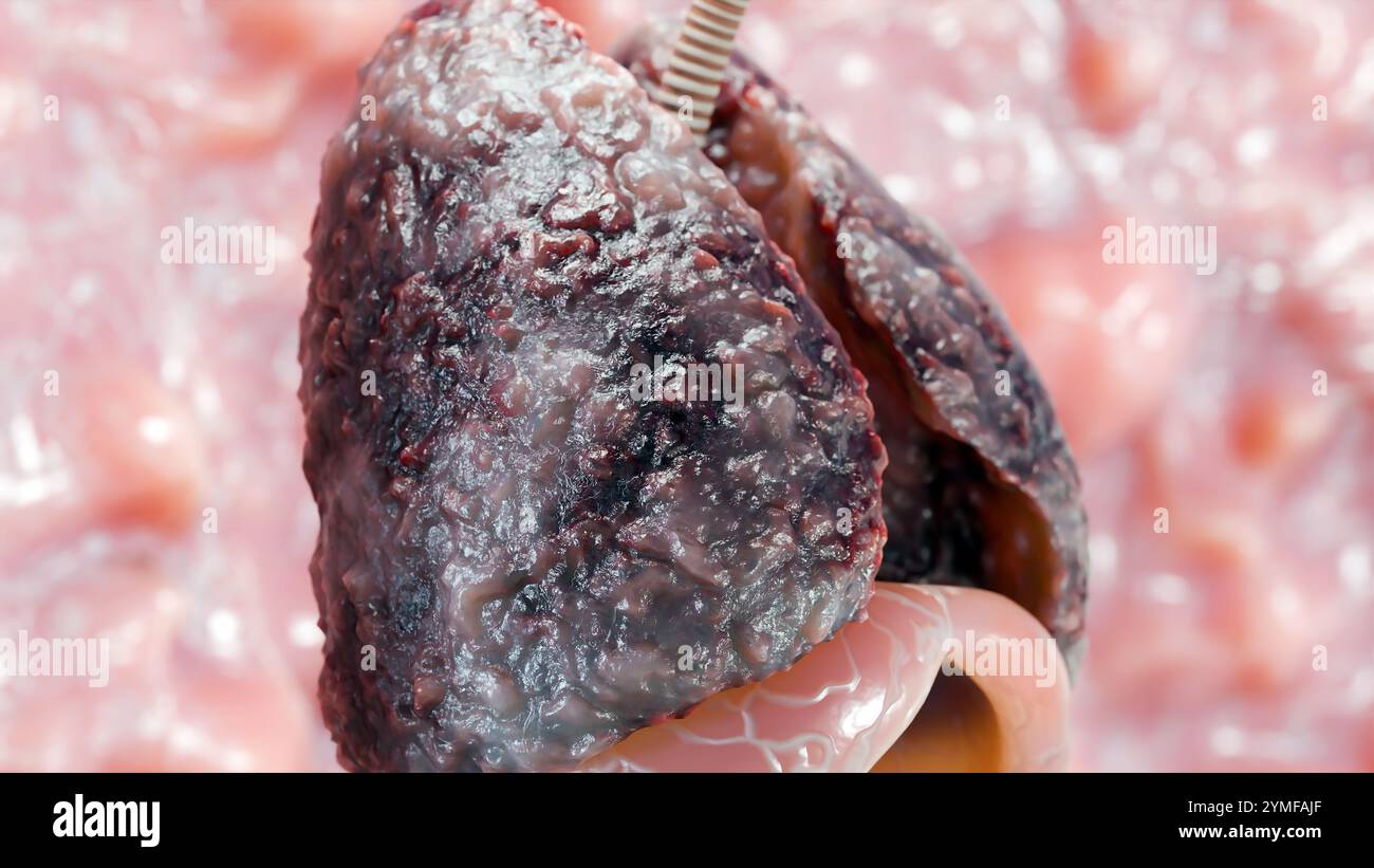 Pneumonie maladie, poumons sains et maladies poumons, cancer des poumons humains, fumeurs de cigarettes maladie pulmonaire, tumeur maligne cancéreuse en croissance et propagation Banque D'Images