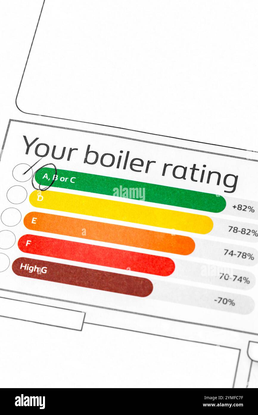 Classification de la chaudière domestique du client sur un document d'inspection d'entretien. Coût de la vie concept d'efficacité énergétique. Banque D'Images