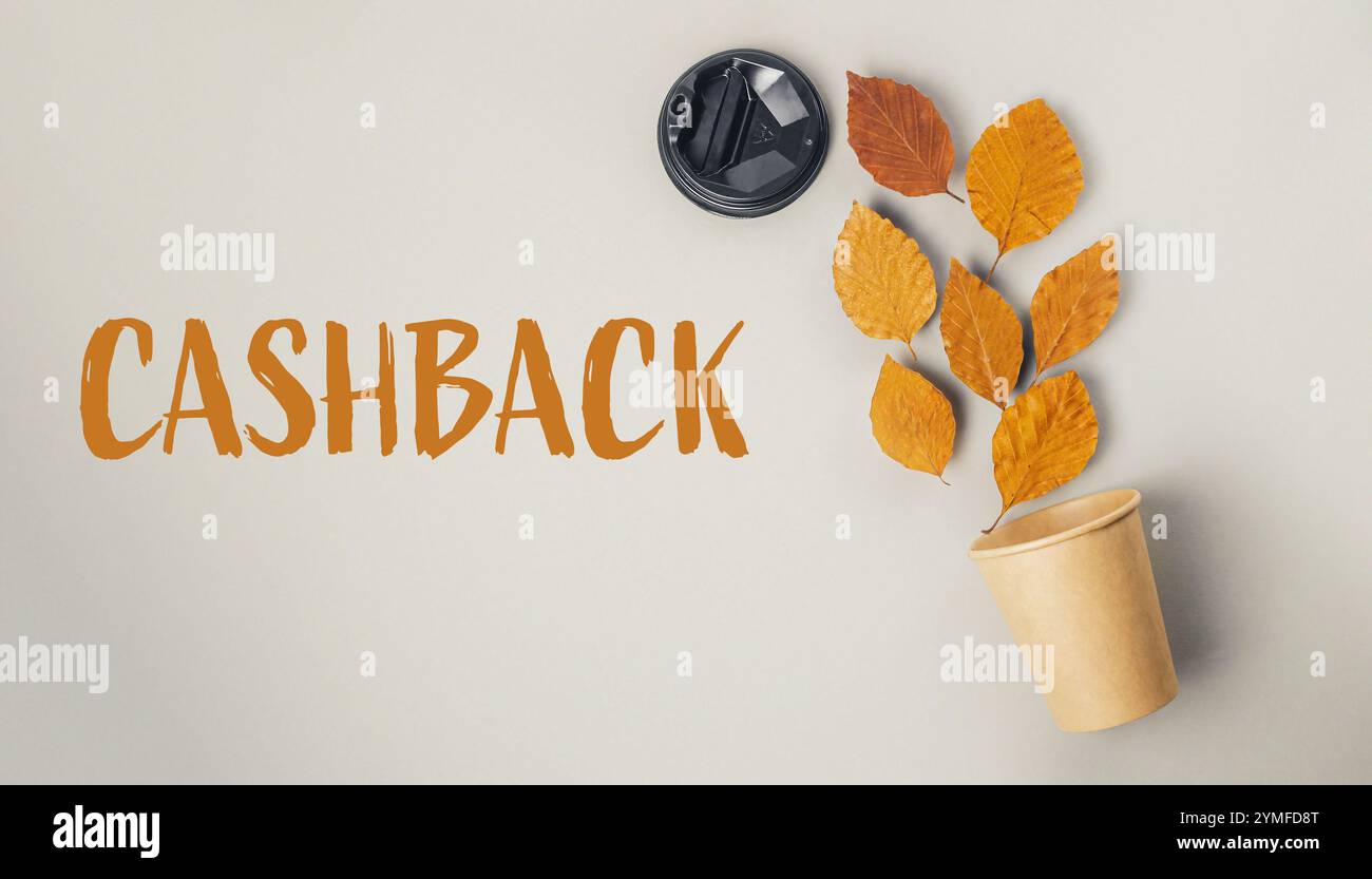 Plante feuillue avec une tasse à café et un couvercle noir sur le dessus. Le mot cashback est écrit sous l'usine Banque D'Images