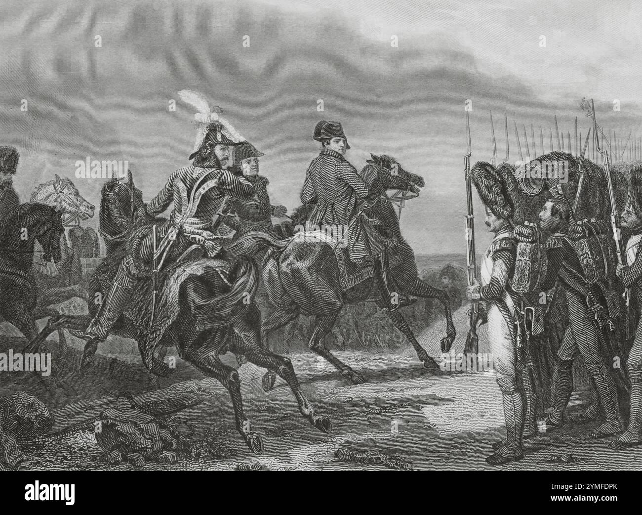 Bataille d'Iéna (14 octobre 1806). L'armée française sous Napoléon a vaincu les troupes prussiennes commandées par Frédéric-Guillaume III de Prusse. Napoléon Ier à la bataille d'Iéna. Napoléon passe en revue la Garde impériale. La scène représente Napoléon assistant au salut d'un Grenadier de la Garde impériale. Murat est représenté derrière lui. Dessin d'Edouard Girardet d'après le tableau d'Horace Vernet. Gravure de Paul Girardet. Histoire du Consulat et de l'Empire, par A. Thiers. Volume VII publié à Paris, 1847. Auteur : Paul Banque D'Images