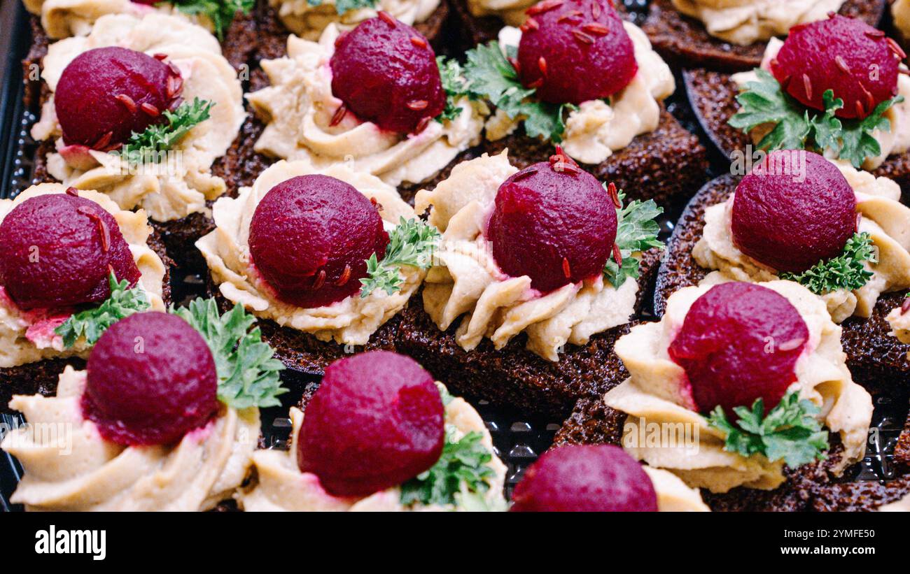 Gros plan de canapés gastronomiques avec sphères de betterave, houmous crémeux, garniture de persil et base de pain noir, parfaits pour les hors-d'œuvre. Banque D'Images