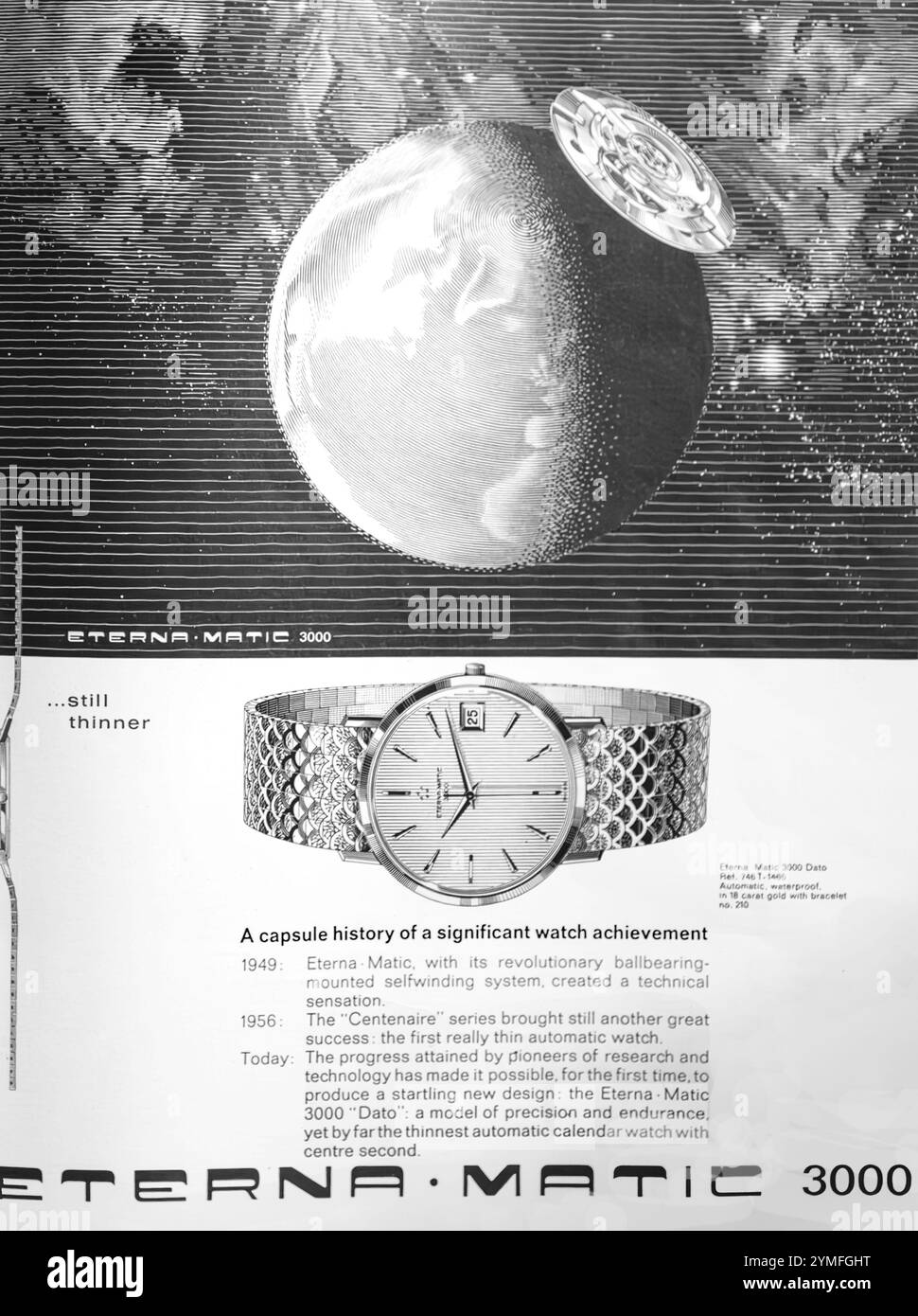 Une publicité de 1965 pour la montre-bracelet Eterna Matic 3000. Lancée en 1962, elle a été revendiquée comme la montre-bracelet la plus plate au monde. Eterna est une société horlogère suisse fondée en 1856. Banque D'Images
