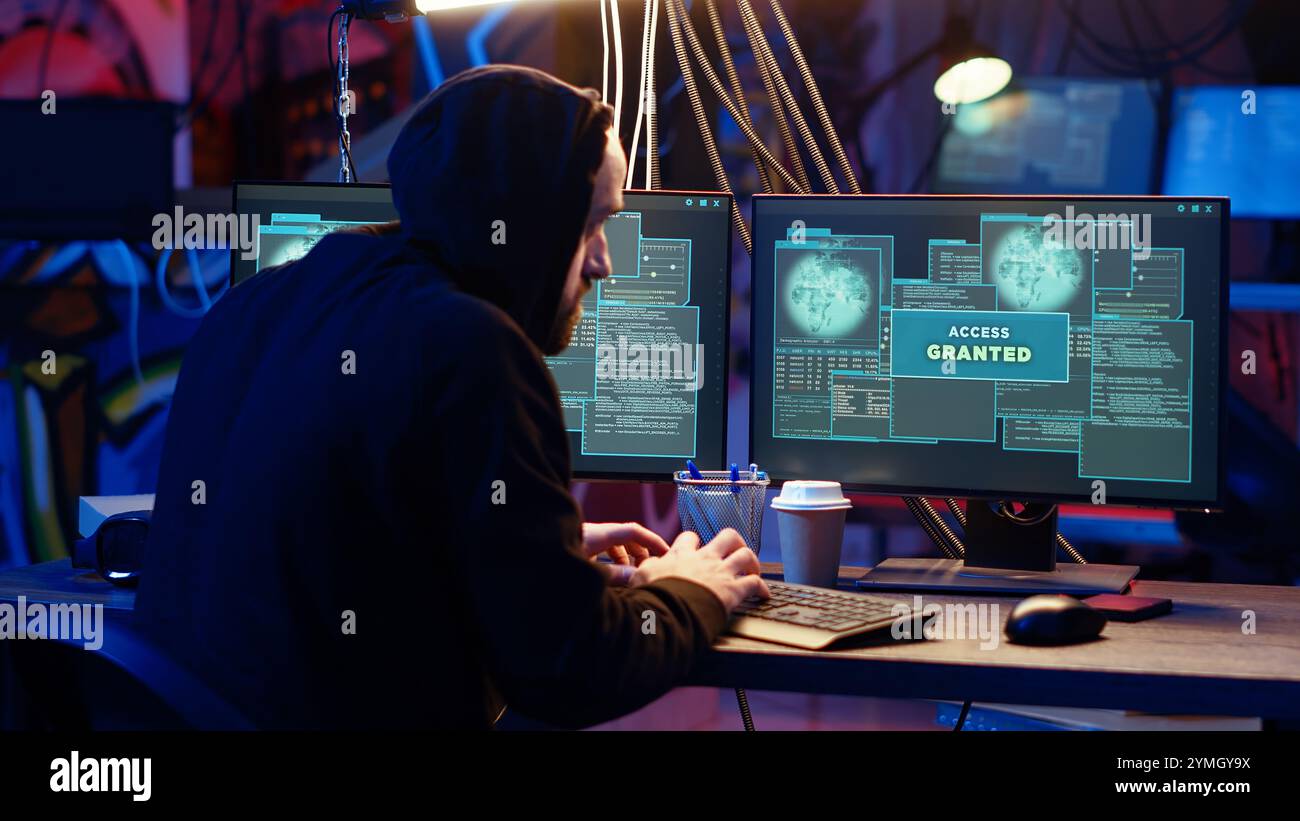 Pirate dans la base cachée avec succès passer les mesures anti-sabotage mises en œuvre par les entreprises pour protéger les produits. Logiciel de piratage Cracker et sorties de jeux vidéo, appareil photo B. Banque D'Images