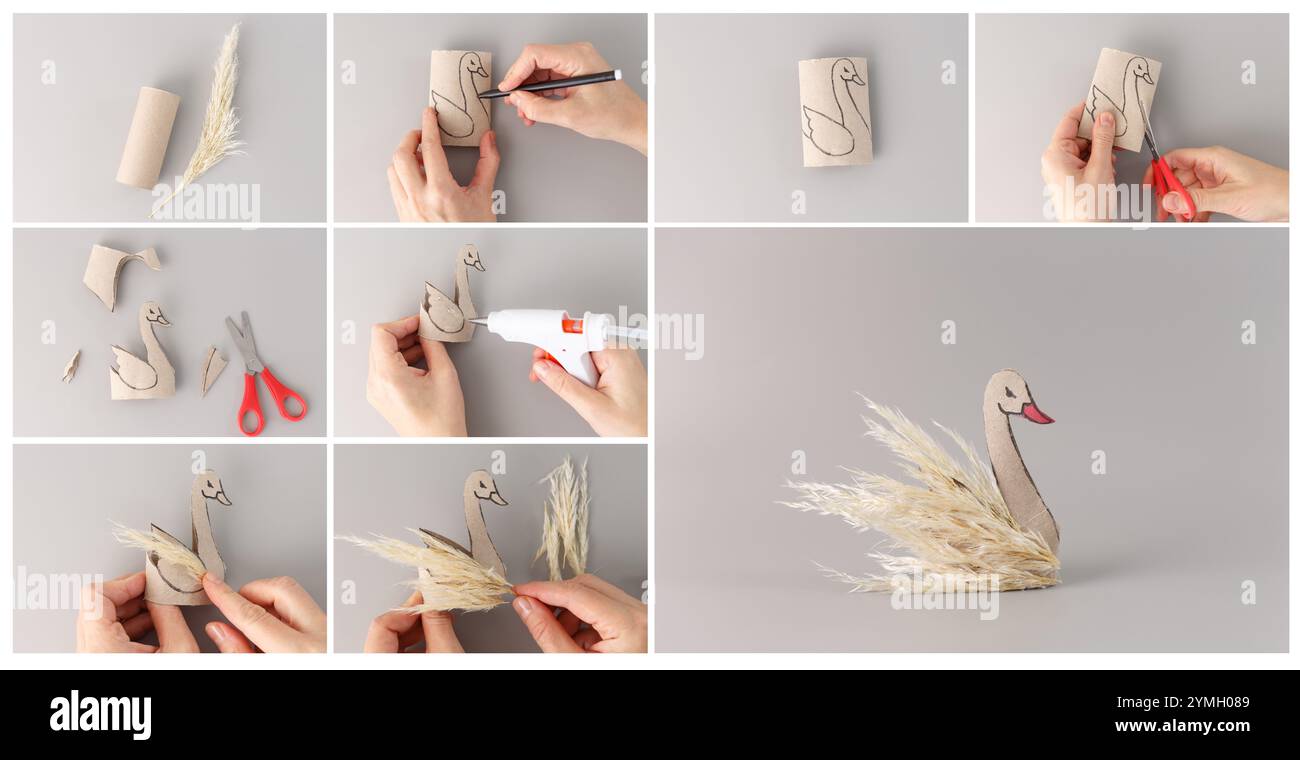 Collage étape par étape de bricolage de cygne artisanal fabriqué à partir de tube en carton et d'herbe de pampa à l'aide de ciseaux et de colle chaude sur fond gris, tutoriel éducatif Banque D'Images