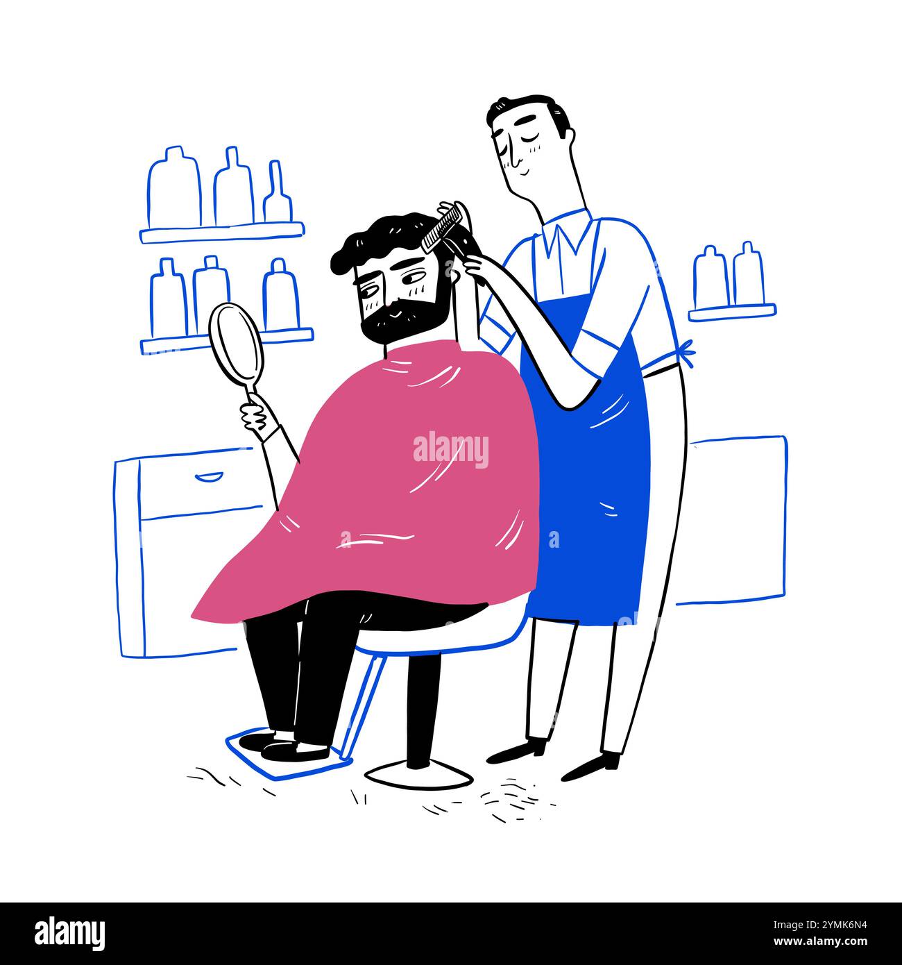 Coiffeur avec client dans le salon de coiffure. Dessin à la main illustration vectorielle style doodle. Illustration de Vecteur