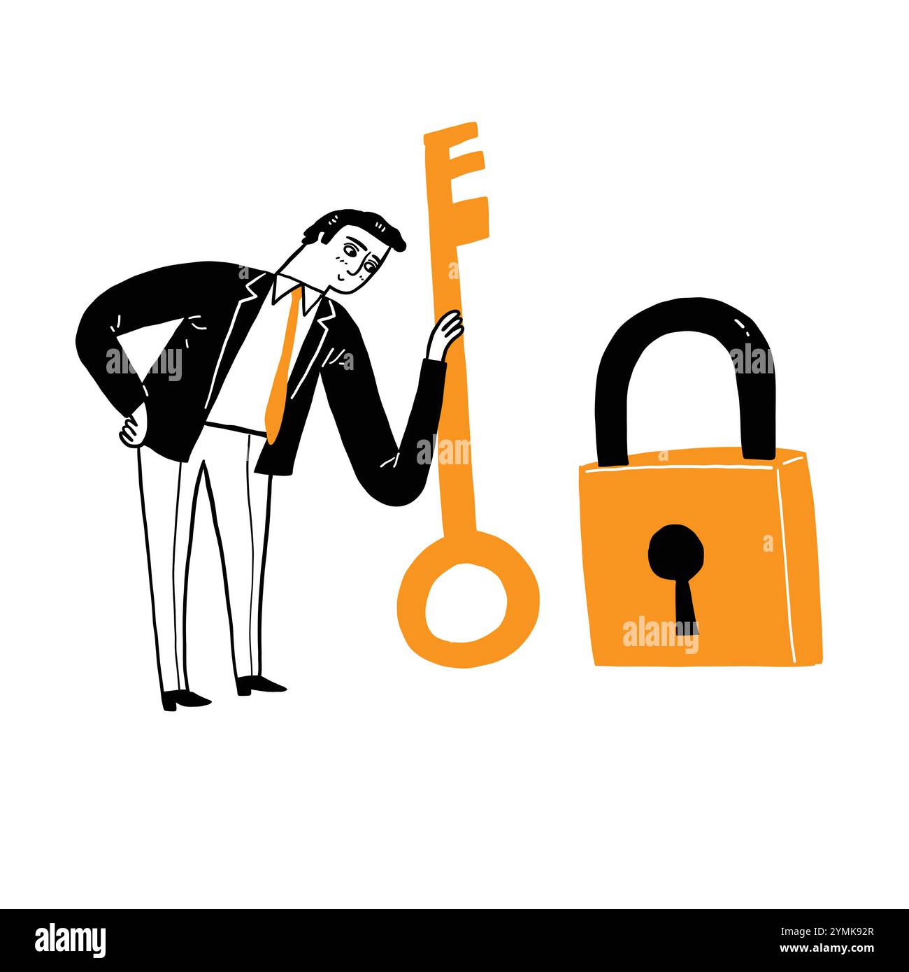 Hommes d'affaires tenant la clé d'or pour déverrouiller le concept de leadership de succès de coopération commerciale de serrure. Dessin à la main illustration vectorielle style doodle. Illustration de Vecteur