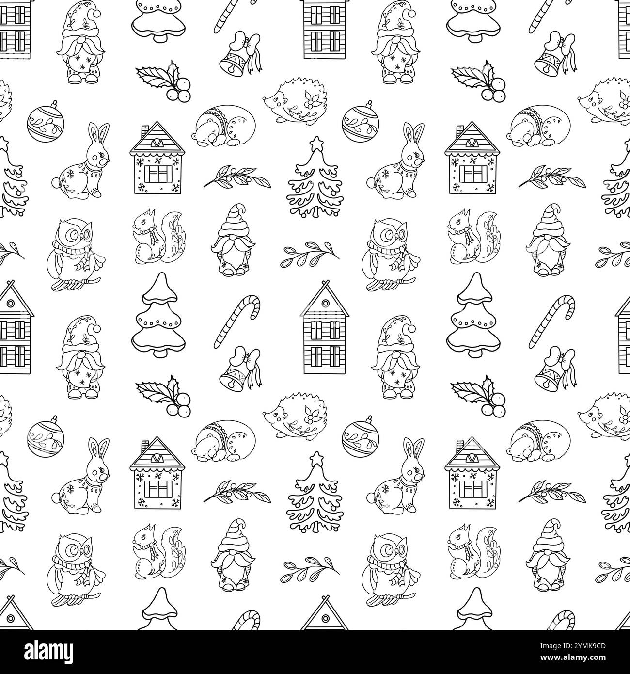 Modèle sans couture avec des maisons, des arbres de Noël, des gnoms, des bonbons et des animaux Banque D'Images