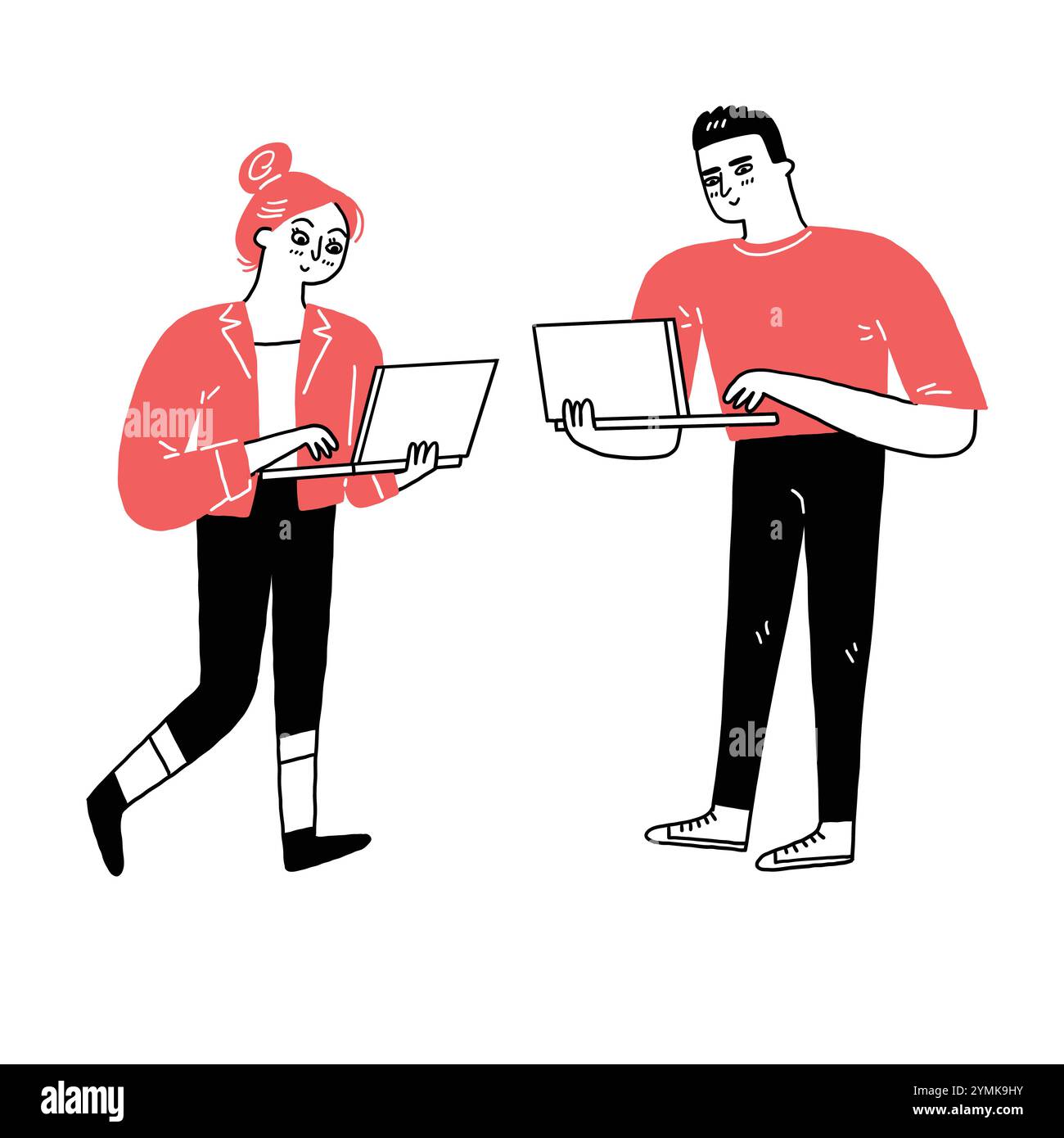 Programmeur ou homme d'affaires utilisent un ordinateur portable. Dessin à la main illustration vectorielle style doodle. Illustration de Vecteur